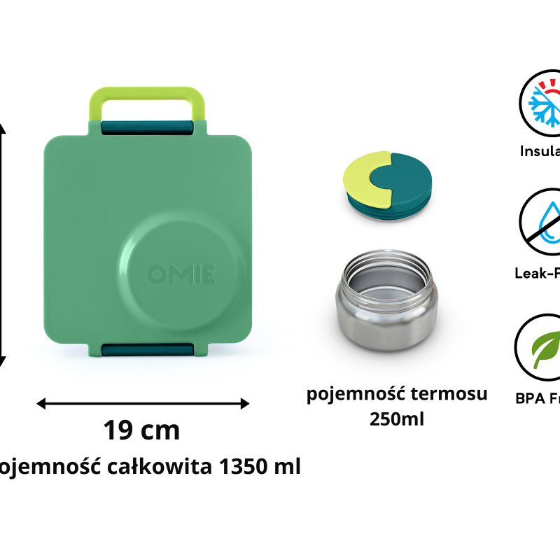 OmieBox Meadow – zielony lunchbox z termosem, przegródkami i uchwytem, idealny do szkoły i przedszkola.
