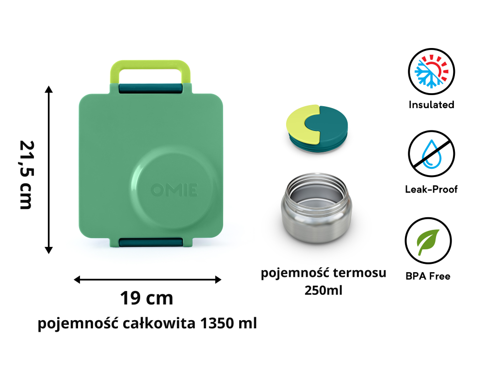 OmieBox Meadow – zielony lunchbox z termosem, przegródkami i uchwytem, idealny do szkoły i przedszkola.