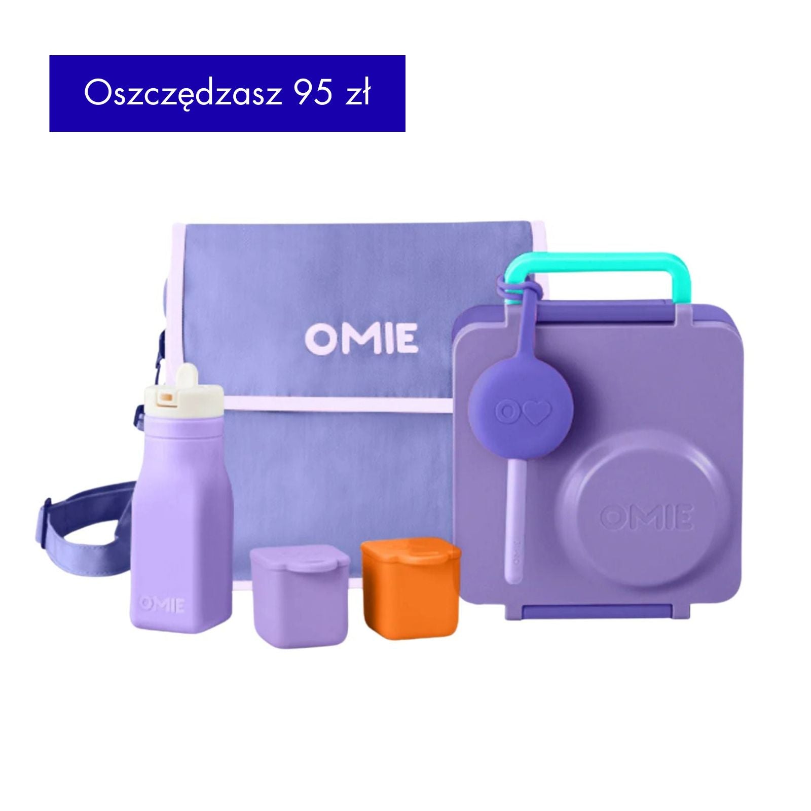 OmieBox Full Set Purple Plum - fioletowy zestaw lunch boxa z termosem, sztućcami, pojemniczkami, butelką i torbą termiczną; dopasowany kolorystycznie, z uchwytem i przegródkami