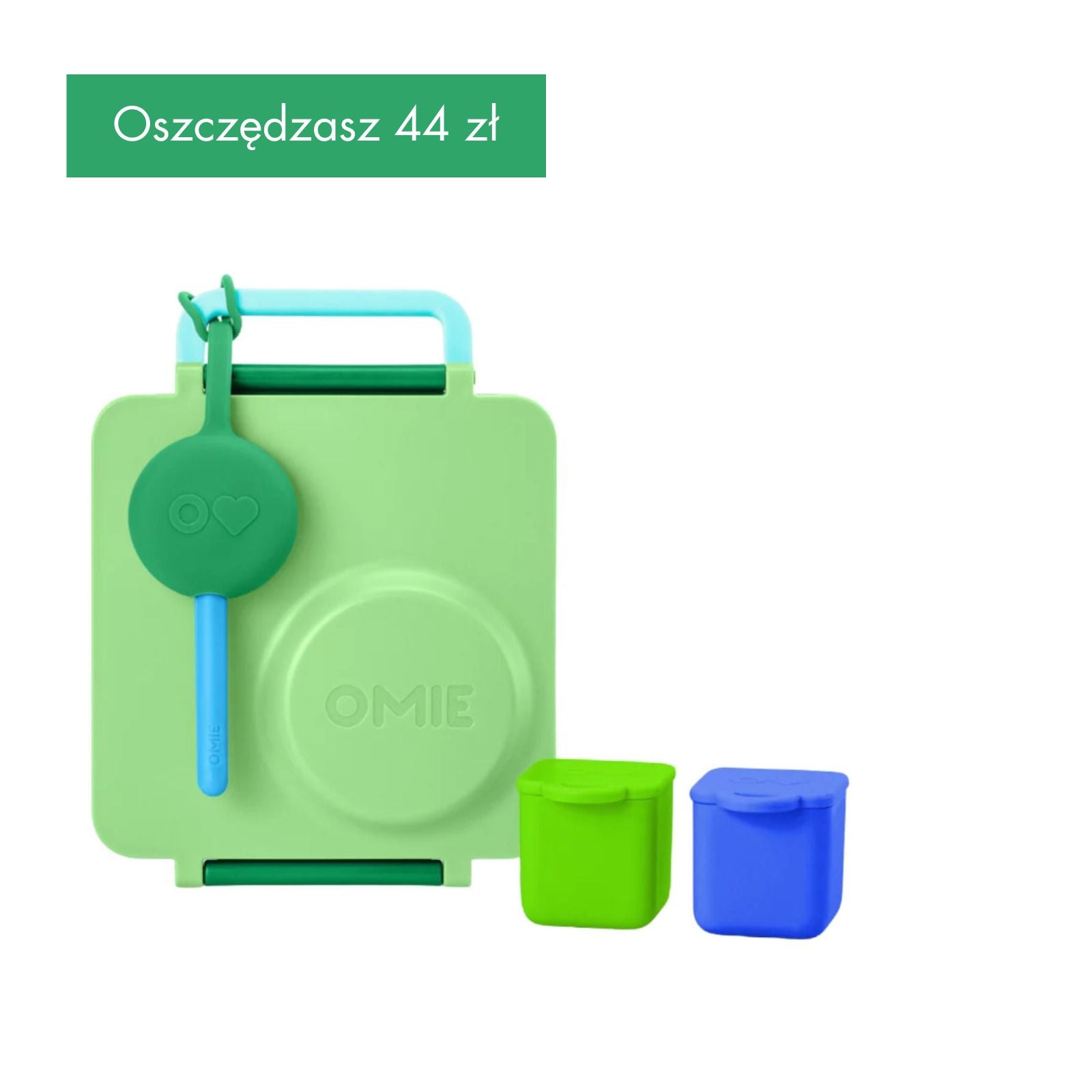 OmieBox Starter Set Apple Green - zielony zestaw lunch boxa z termosem, sztućcami i pojemniczkami, dopasowany kolorystycznie, z uchwytem i przegródkami