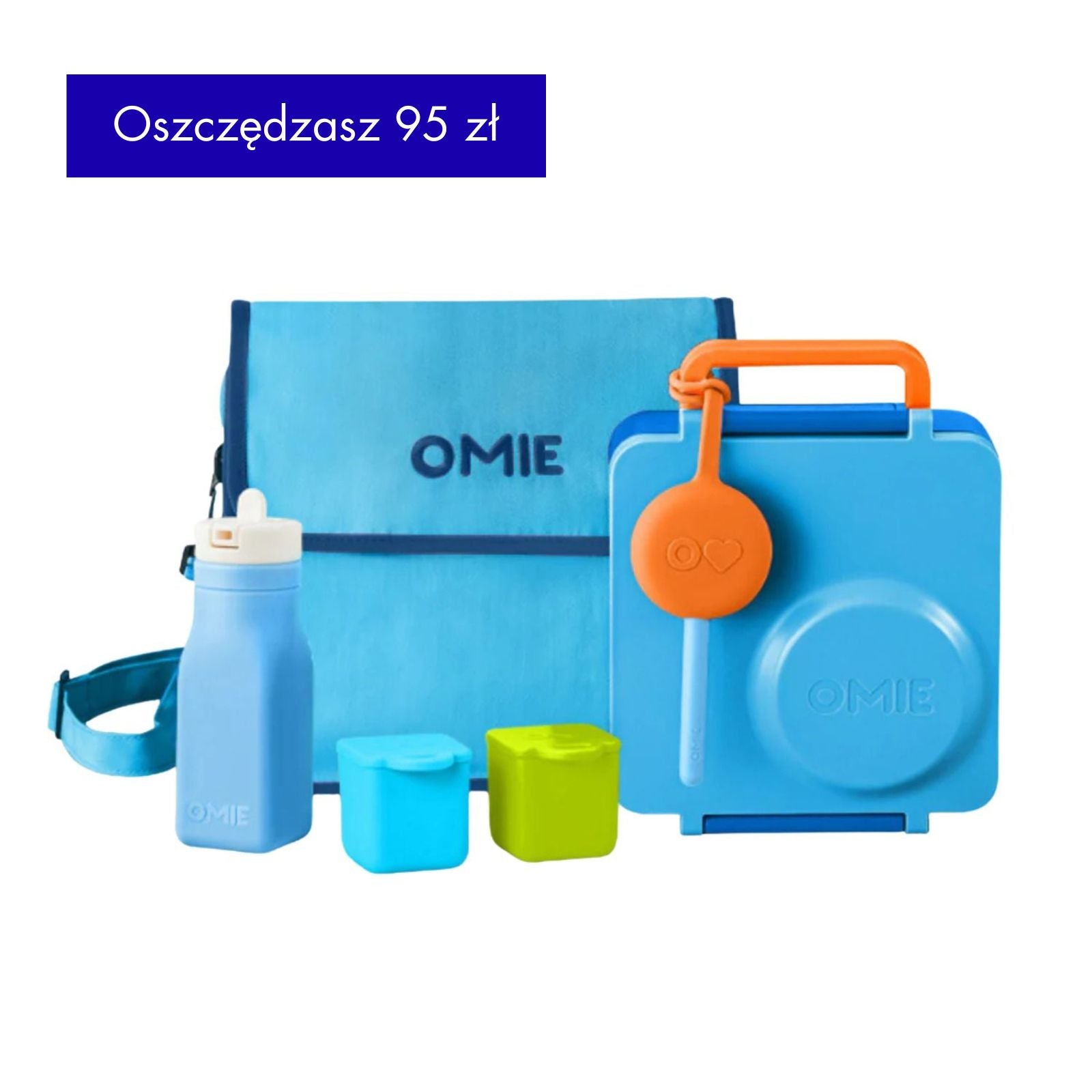 OmieBox Full Set Blue Sky - niebieski zestaw lunch boxa z termosem, sztućcami, pojemniczkami, butelką i torbą termiczną; dopasowany kolorystycznie, z uchwytem i przegródkami