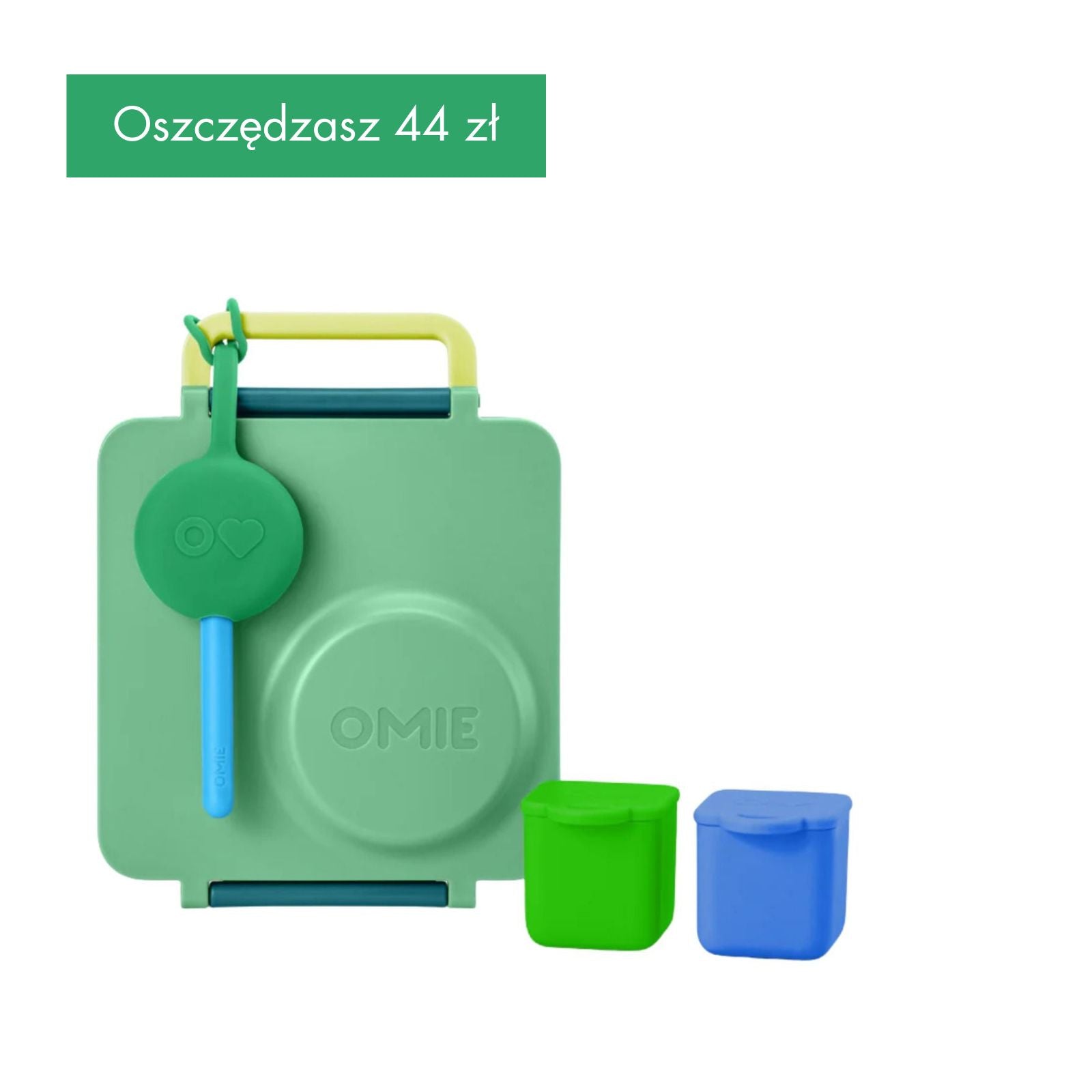 OmieBox Starter Set Meadow - zielony zestaw lunch boxa z termosem, sztućcami i pojemniczkami, dopasowany kolorystycznie, z uchwytem i przegródkami