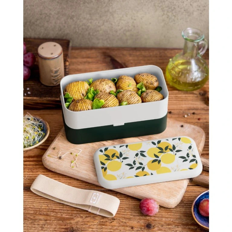 Monbento Original – dwupoziomowy lunchbox z miseczką. Szczelny, BPA free, do mikrofalówki i zmywarki. Stylowy francuski design, wzór: Grapic Lemon