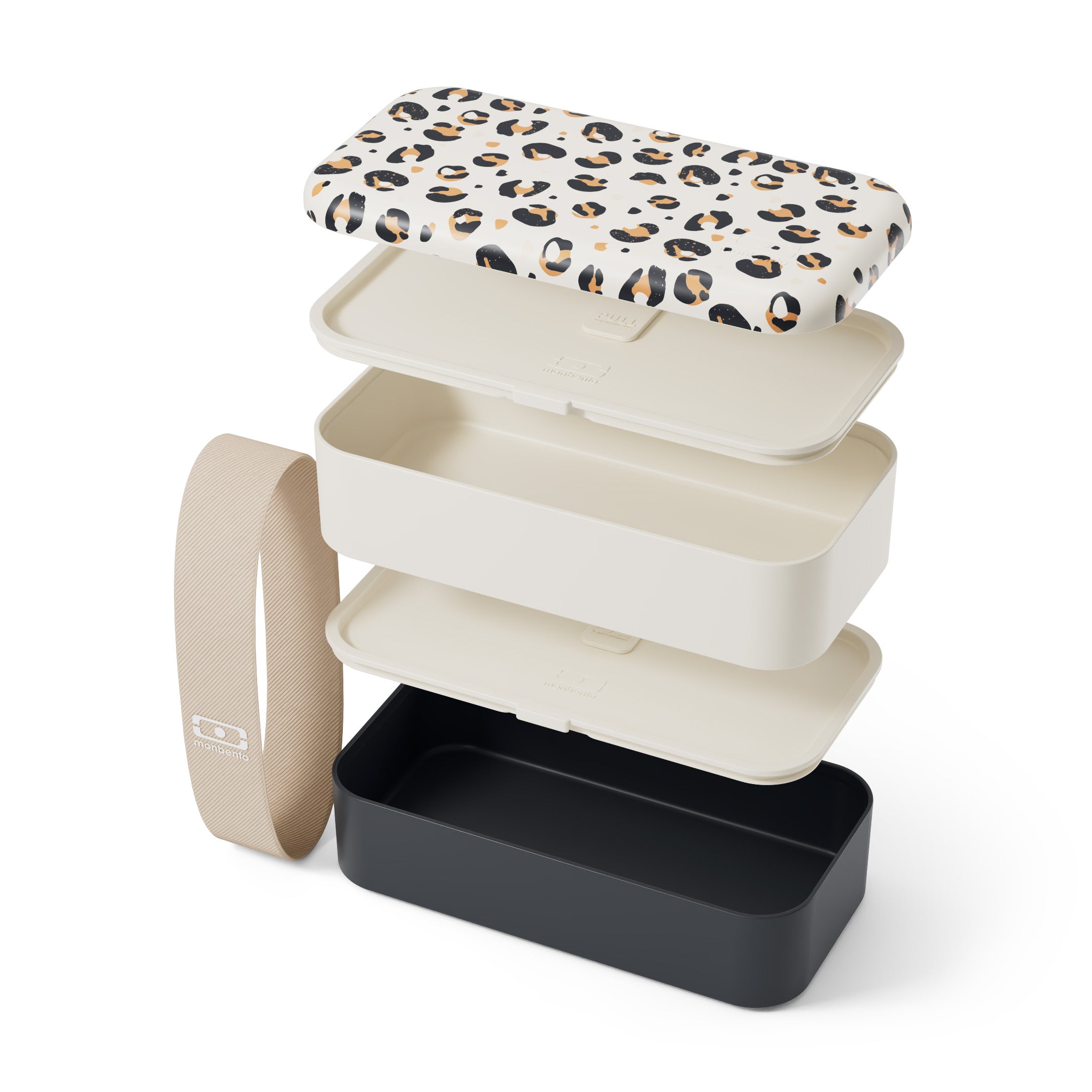 Monbento Original – dwupoziomowy lunchbox z miseczką. Szczelny, BPA free, do mikrofalówki i zmywarki. Stylowy francuski design, wzór: Leopard Graphic