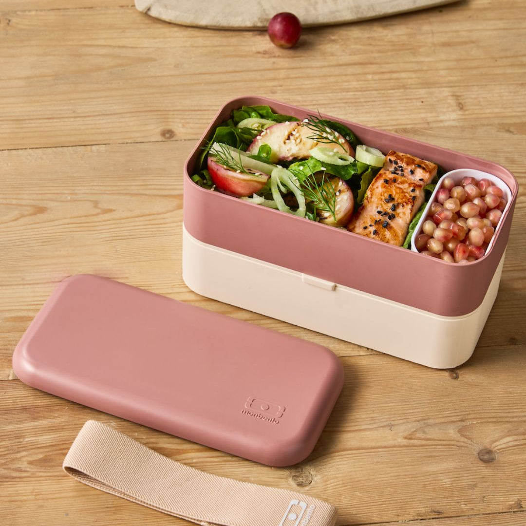 Monbento Original – dwupoziomowy lunchbox z miseczką. Szczelny, BPA free, do mikrofalówki i zmywarki. Stylowy francuski design, wzór: Pink Moka