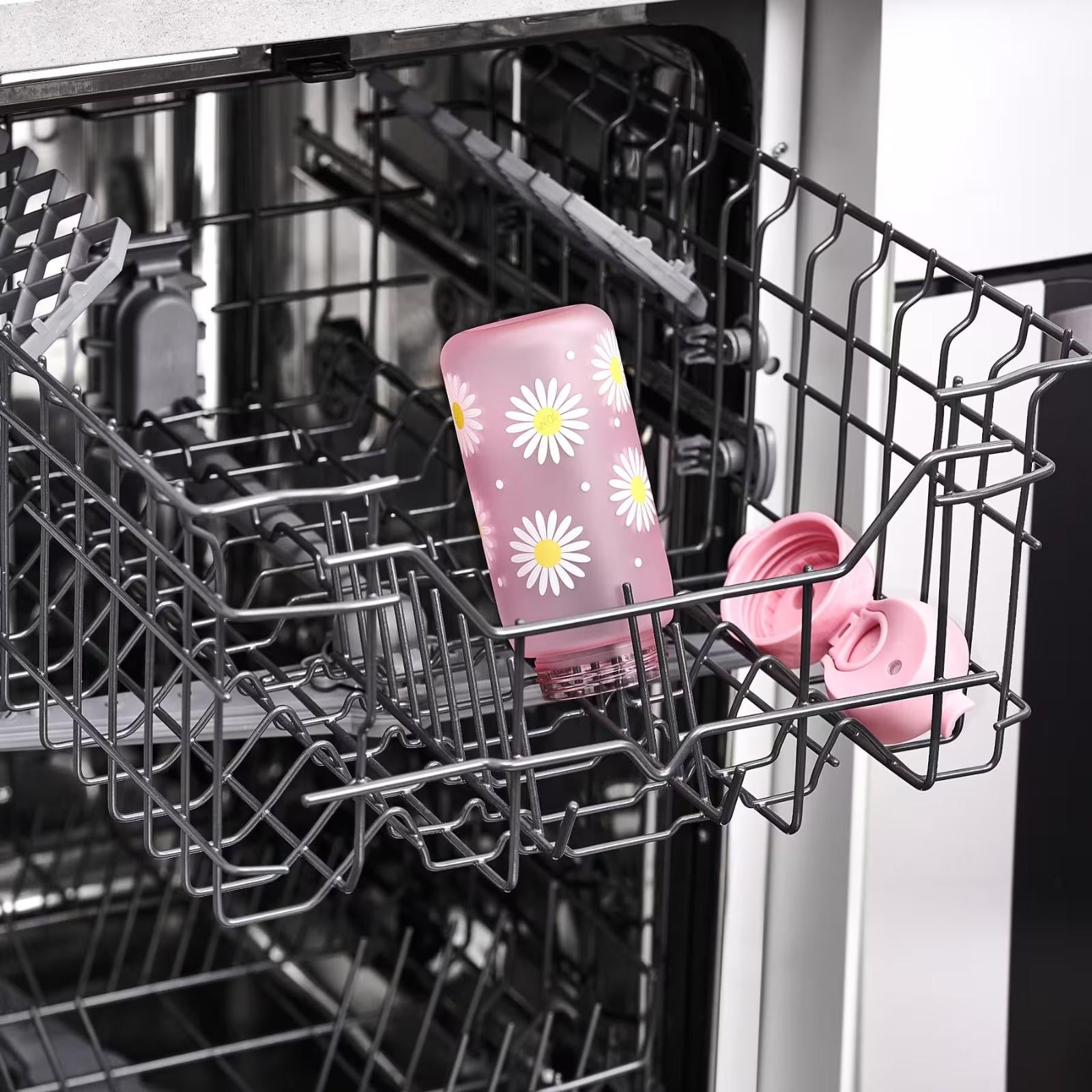 Bidon dla dzieci Ion8 Pod Daisy 350 ml ze stokrotkami– szczelny, lekki i otwierany na klik. Kolor: różowy