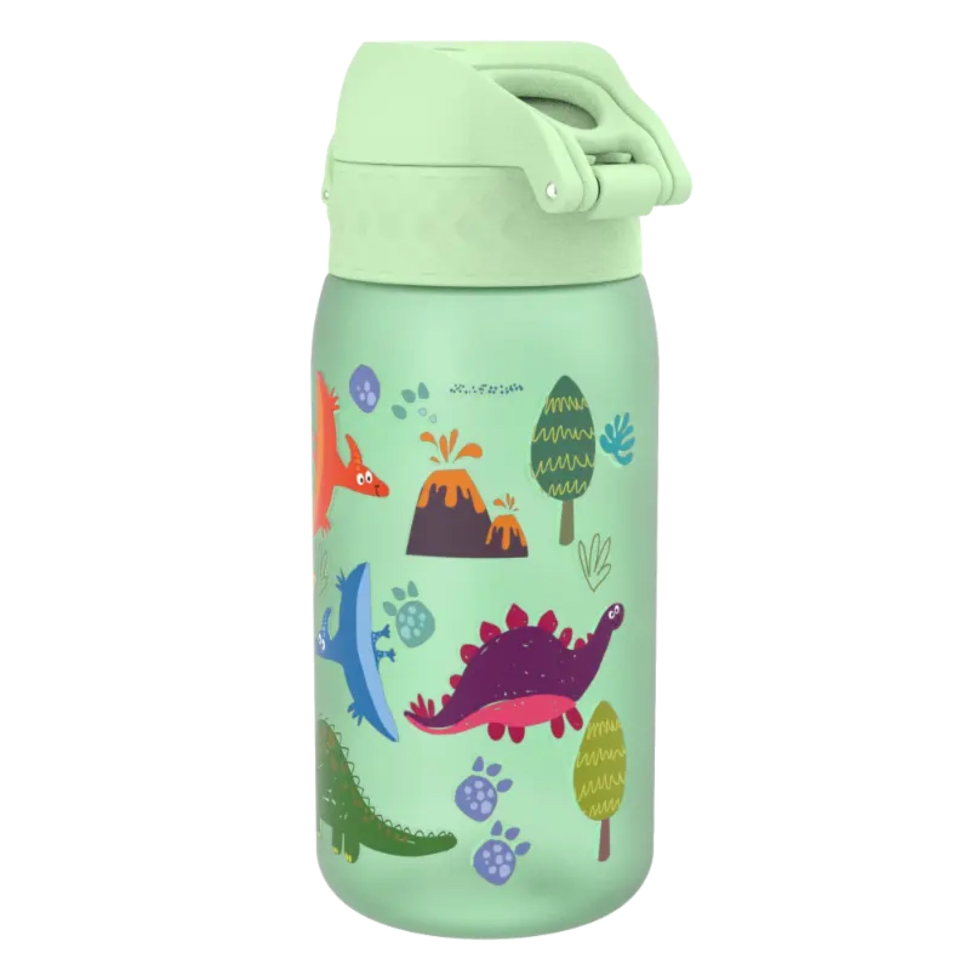 Bidon dla dzieci Ion8 Pod Dinosaurs 350 ml z dinozaurami – szczelny, lekki i otwierany na klik.