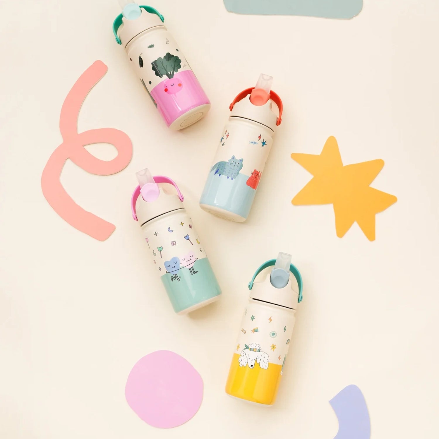 Bidon termiczny dla dzieci The Cotton Cloud – utrzymuje ciepło i zimno, z silikonową słomką i uchwytem, wzór: kotki