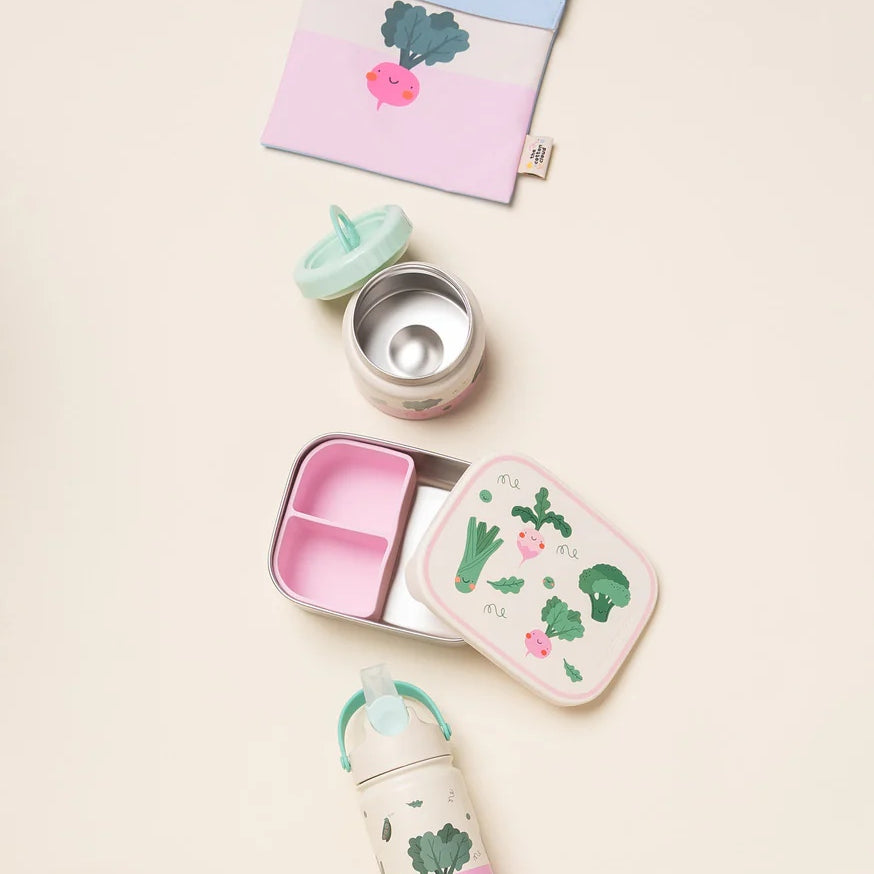 Bidon termiczny dla dzieci The Cotton Cloud – utrzymuje ciepło i zimno, z silikonową słomką i uchwytem, wzór: warzywa