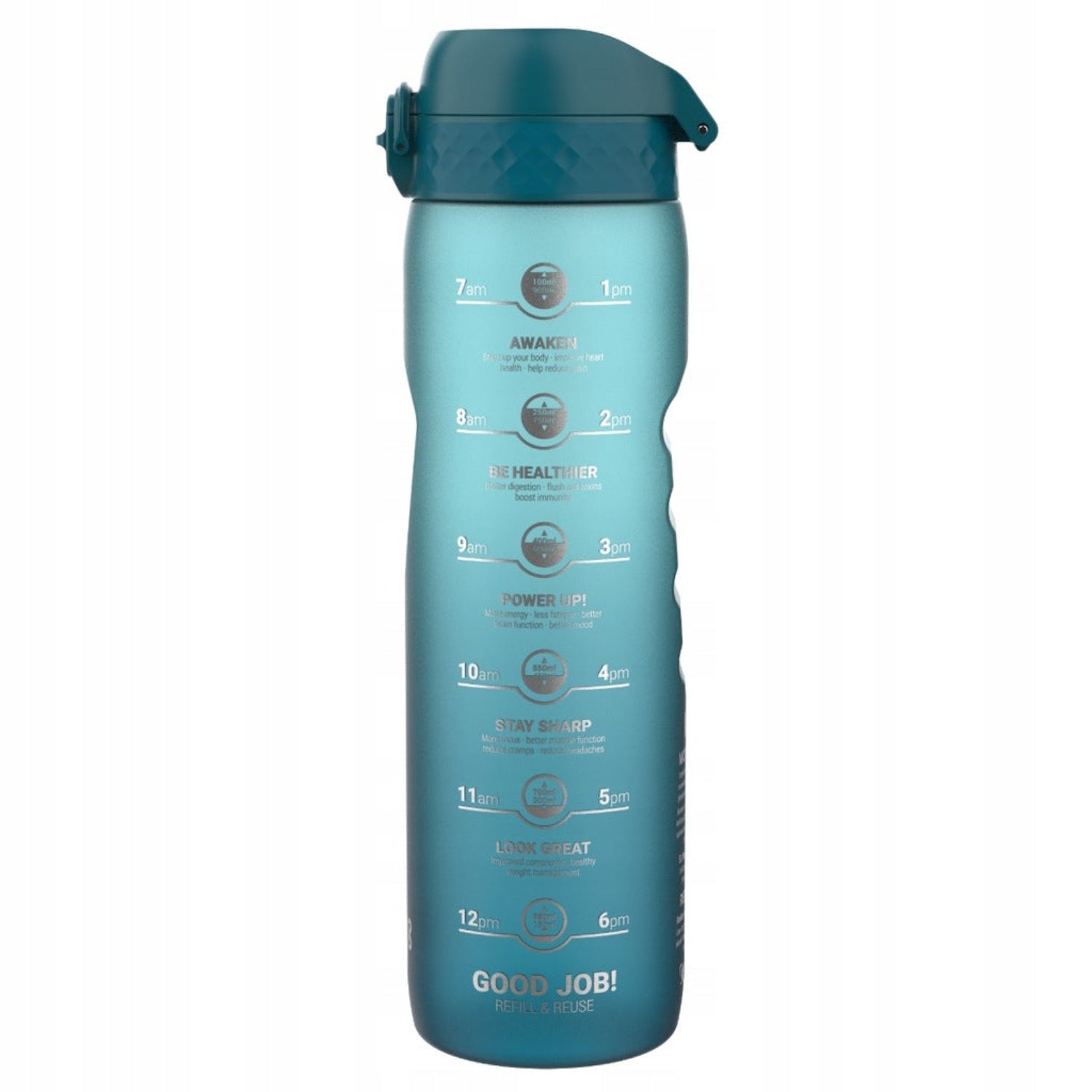 Bidon z miarką motywacyjną Ion8 Motivator 1L Gradient  Deep Teal / Sonic Blue – z miarką, otwierany jednym kliknięciem, szczelny i bez BPA.