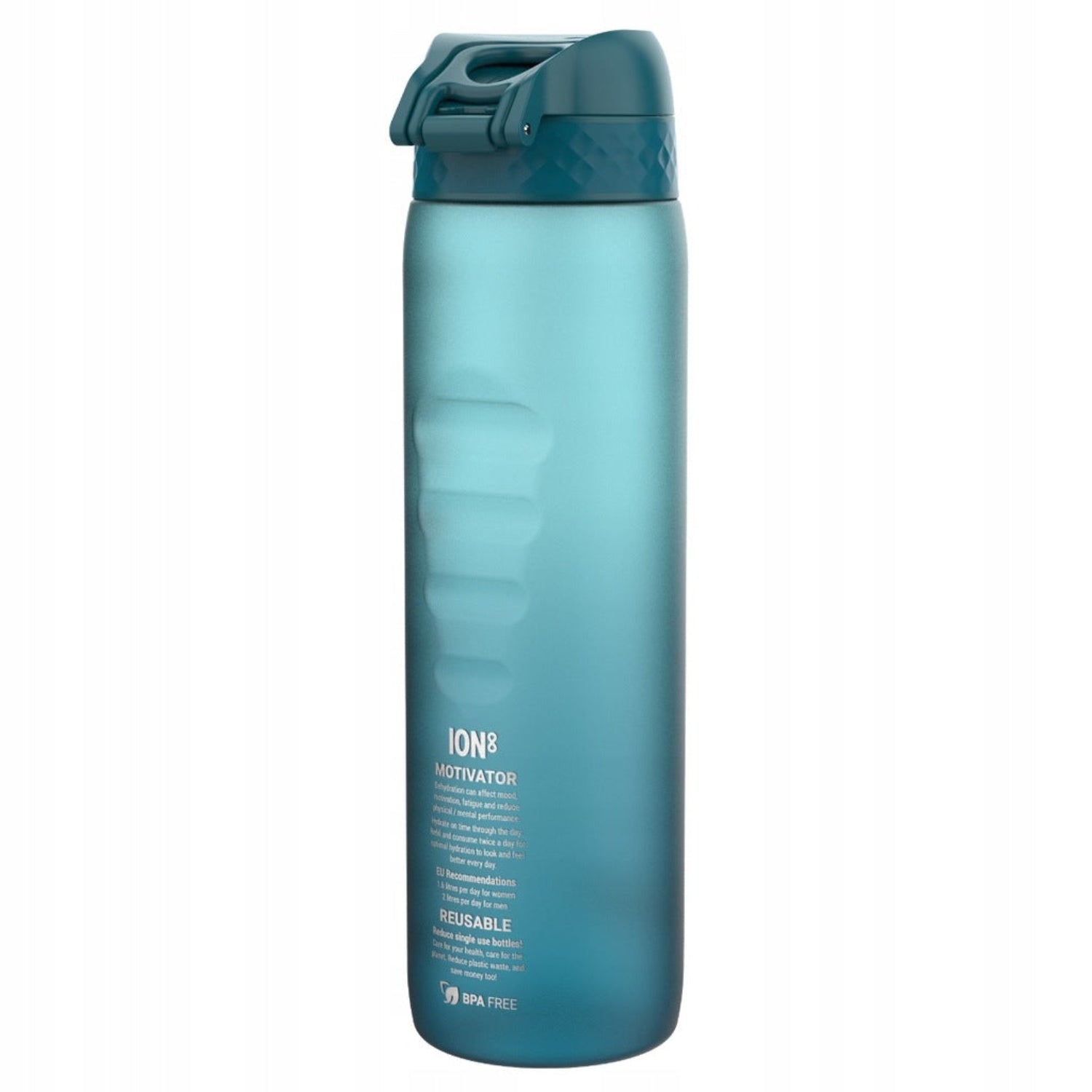 Bidon z miarką motywacyjną Ion8 Motivator 1L Gradient  Deep Teal / Sonic Blue – z miarką, otwierany jednym kliknięciem, szczelny i bez BPA.