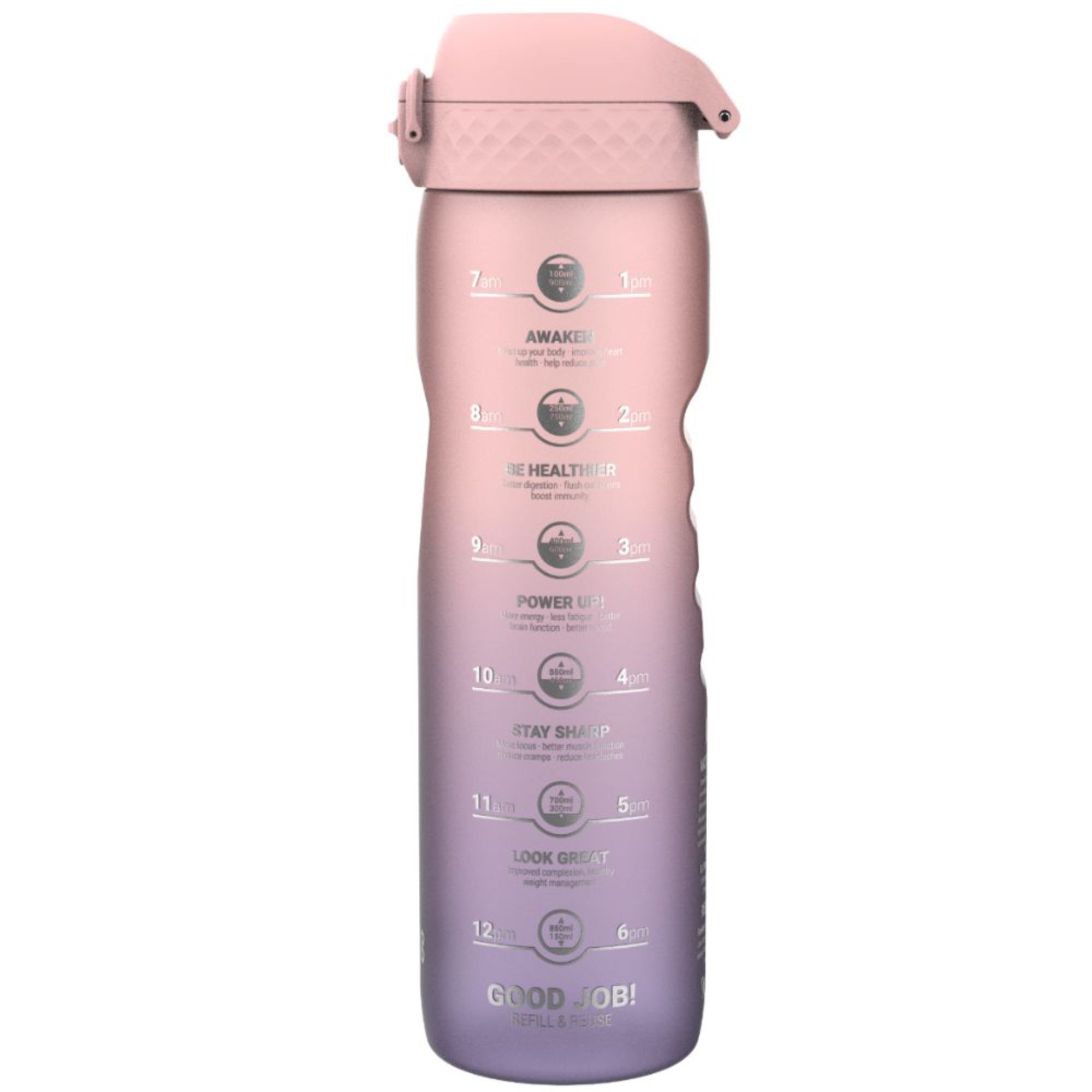 Bidon z miarką motywacyjną Ion8 Motivator 1L Gradient Periwindkle/Rose Quartz– z miarką, otwierany jednym kliknięciem, szczelny i bez BPA.