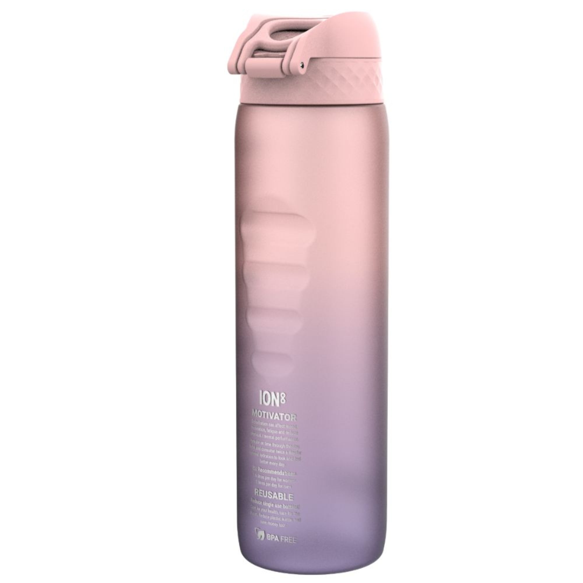 Bidon z miarką motywacyjną Ion8 Motivator 1L Gradient Periwindkle/Rose Quartz– z miarką, otwierany jednym kliknięciem, szczelny i bez BPA.