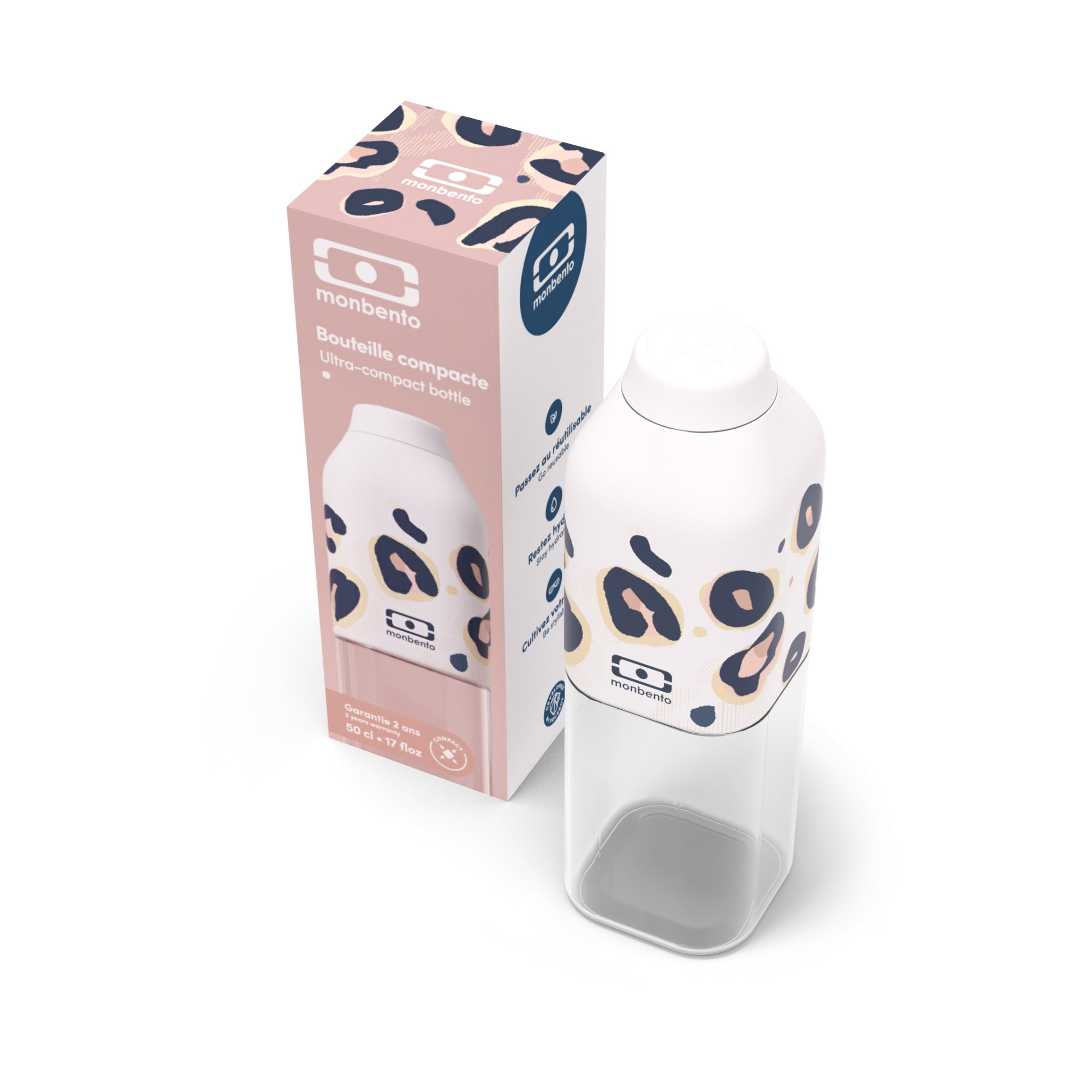 Monbento Positive M – ultralekka butelka 500 ml z tritanu. Trwała, kompaktowa, bez BPA, idealna do torby czy plecaka, wzór: pink leopard