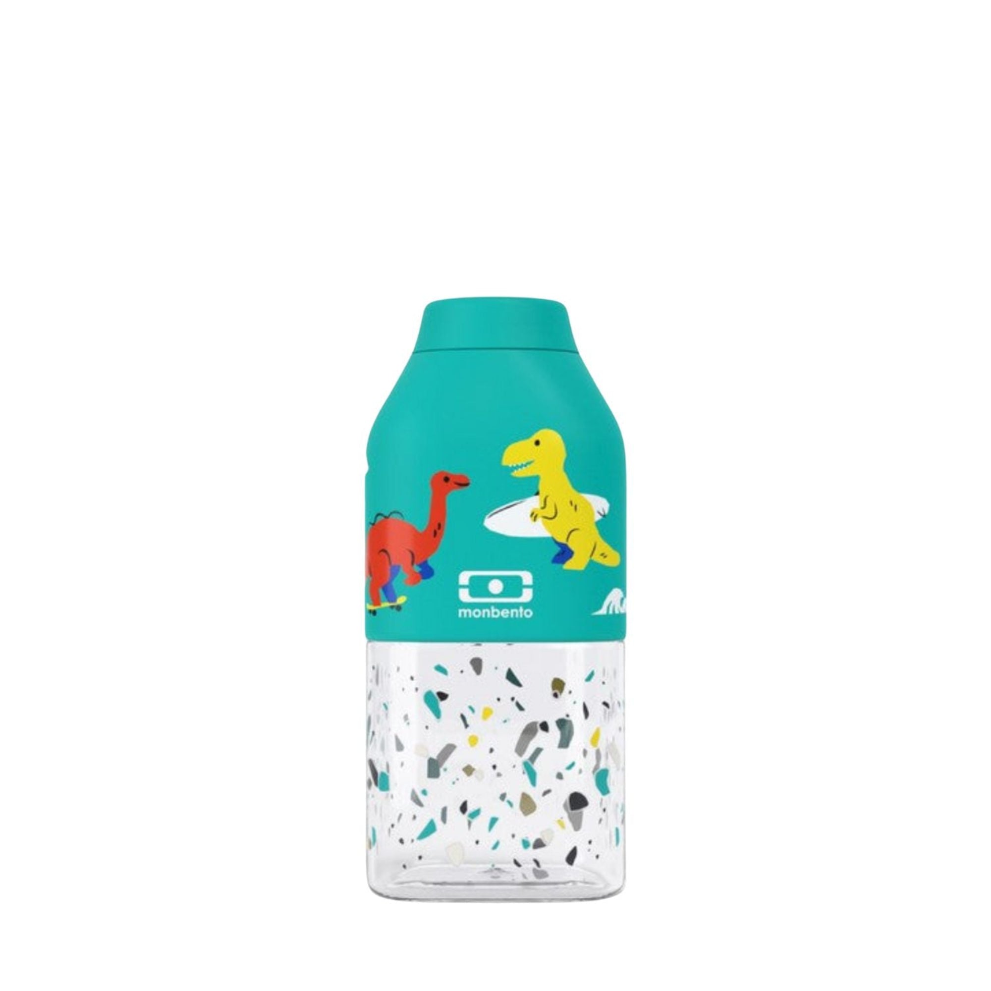 Monbento Positive S Blue Dino – ultralekka butelka 350 ml z tritanu. Trwała, kompaktowa, bez BPA, idealna do torby czy plecaka, wzór: dinozaury