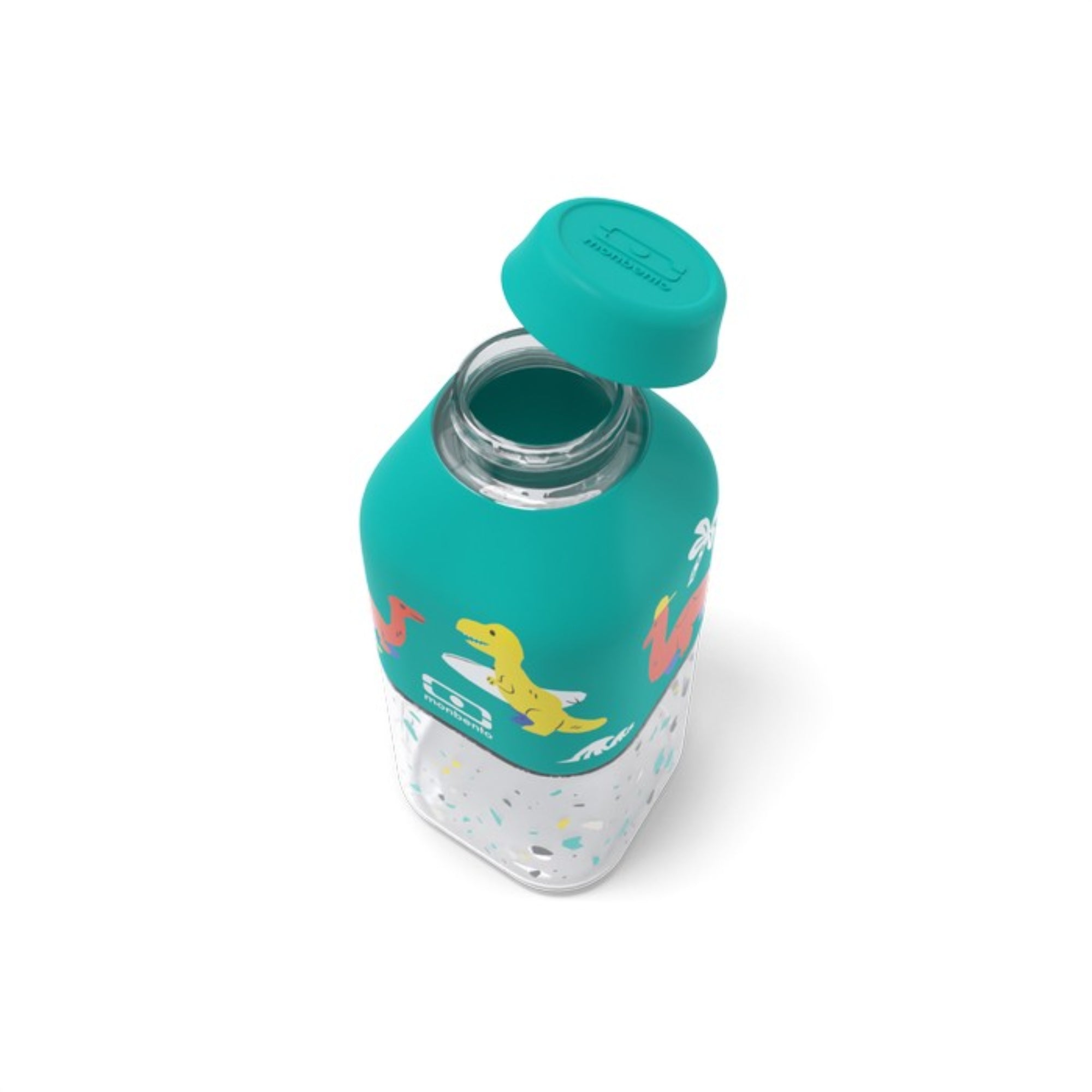 Monbento Positive S Blue Dino – ultralekka butelka 350 ml z tritanu. Trwała, kompaktowa, bez BPA, idealna do torby czy plecaka, wzór: dinozaury