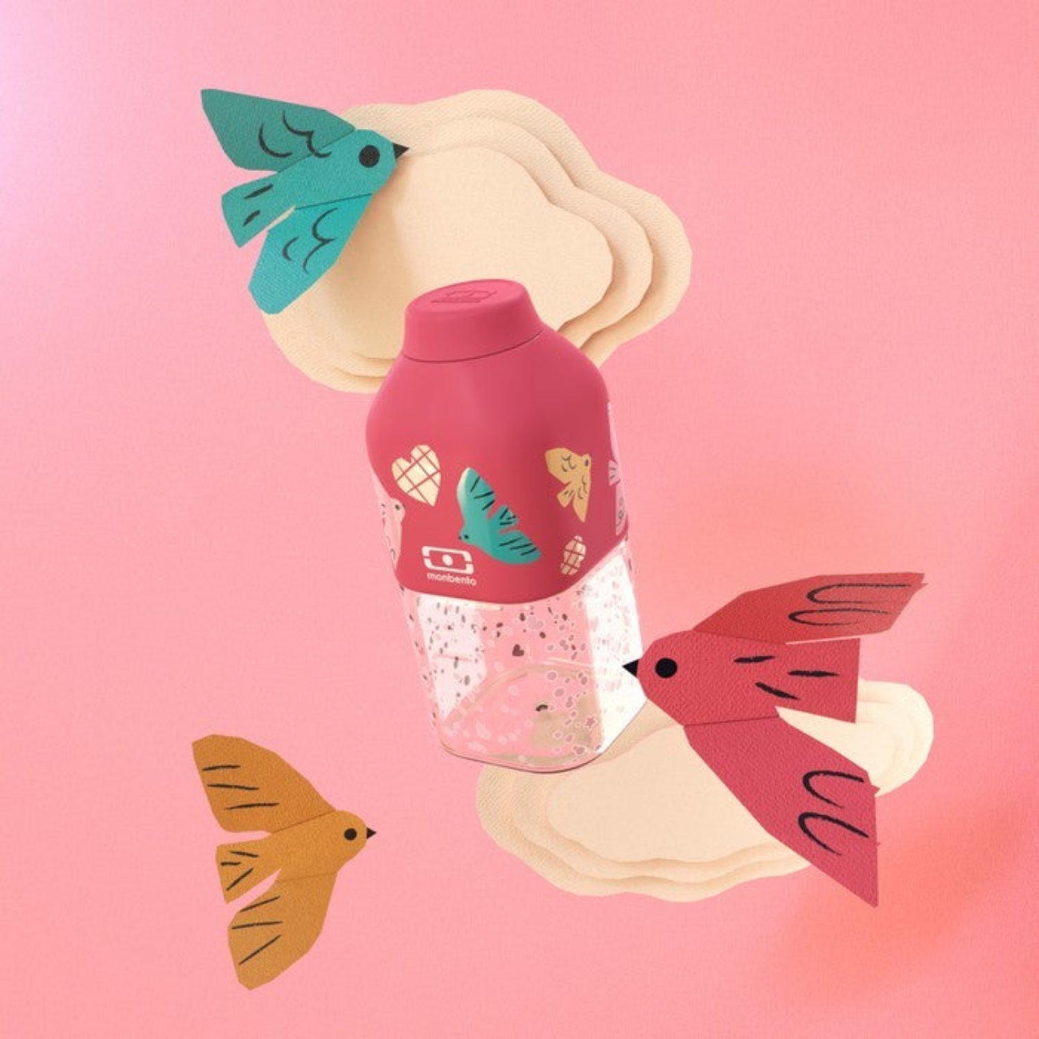 Monbento Positive S Pink Birds – ultralekka butelka 350 ml z tritanu. Trwała, kompaktowa, bez BPA, idealna do torby czy plecaka, wzór: ptaszki