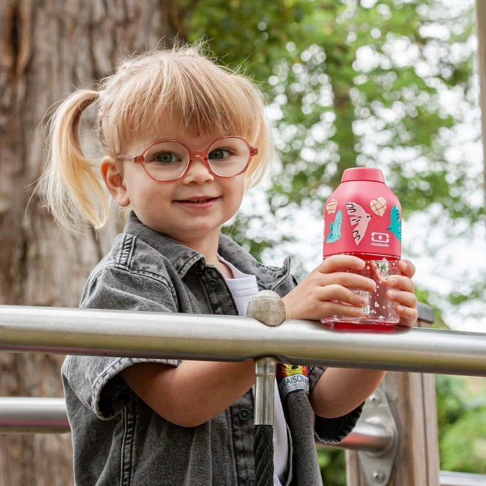 Monbento Positive S Pink Birds – ultralekka butelka 350 ml z tritanu. Trwała, kompaktowa, bez BPA, idealna do torby czy plecaka, wzór: ptaszki