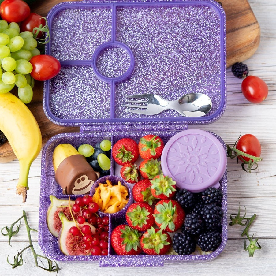 Fioletowy lunchbox z brokatem LekkaBox Glamour do szkoły