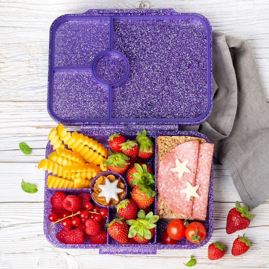 Fioletowy brokatowy pojemnik na lunch LekkaBox Glamour dla dzieci