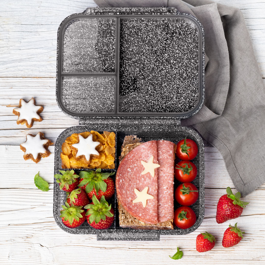 Kompaktowy czarny brokatowy lunchbox z przegródkami Lekkabox