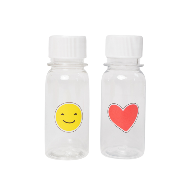 Mini buteleczki Yumbox – kompaktowe, szczelne, do napojów, idealne dla dzieci do szkoły, wzór: serce/buźka