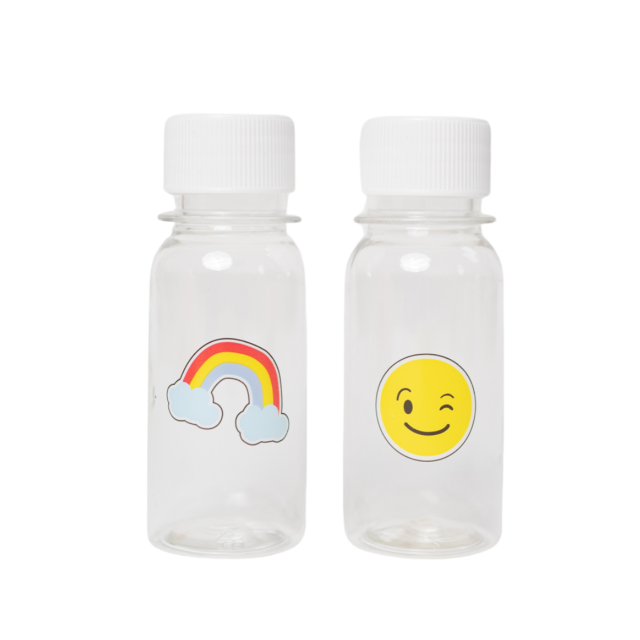 Mini buteleczki Yumbox – kompaktowe, szczelne, do napojów, idealne dla dzieci do szkoły, wzór: tęcza/buźka