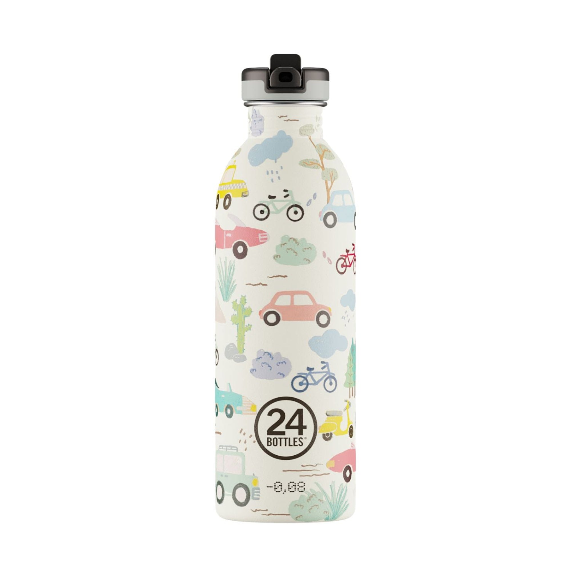 Butelka na wodę dla dzieci 24Bottles Adventure Friends – bezpieczna, lekka i szczelna butelka wielorazowa z matowym wykończeniem, wzór: pojazdy