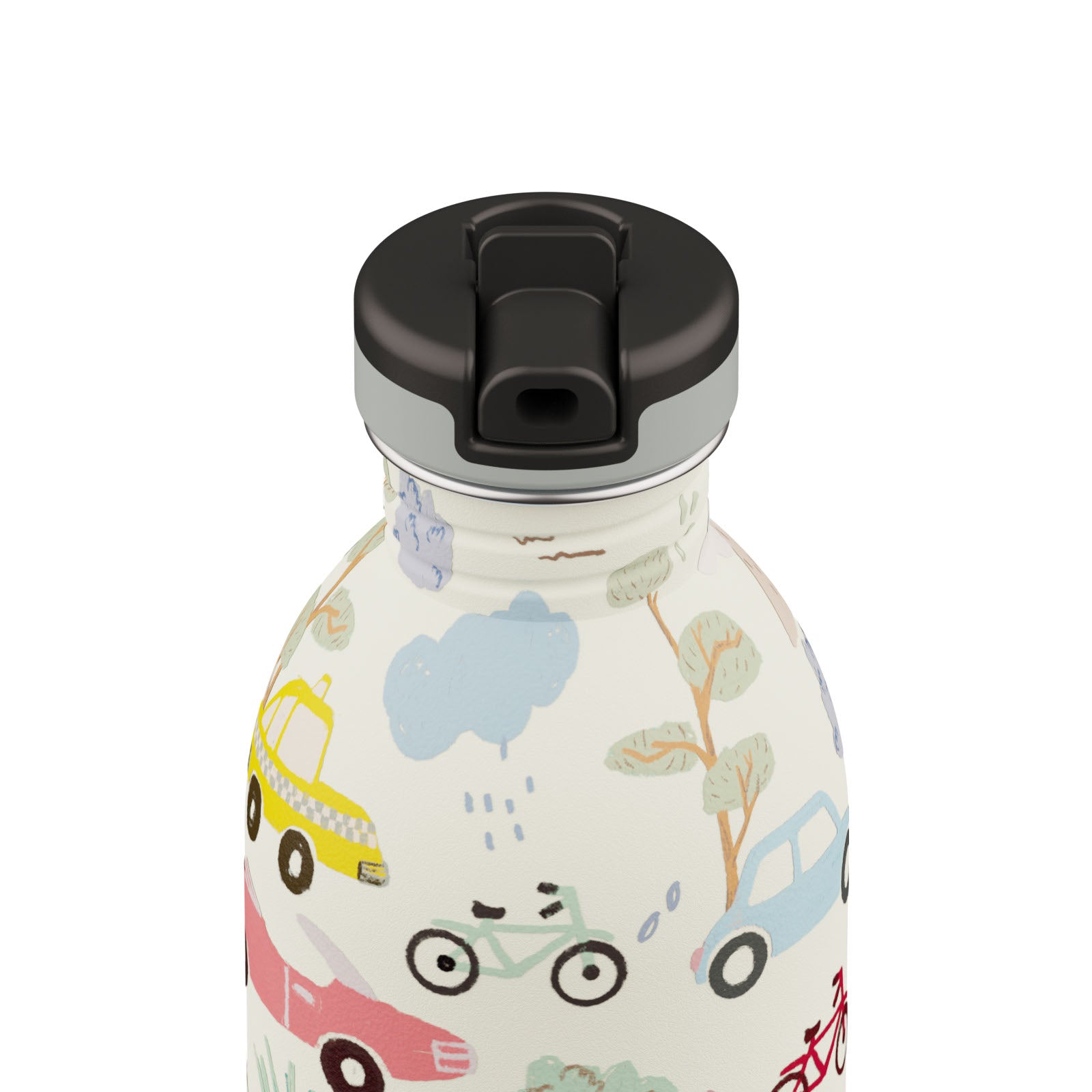 Butelka na wodę dla dzieci 24Bottles Adventure Friends – bezpieczna, lekka i szczelna butelka wielorazowa z matowym wykończeniem, wzór: pojazdy