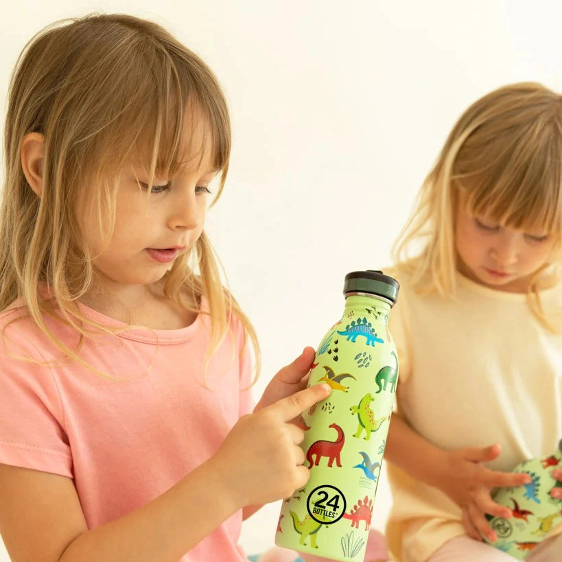 Butelka na wodę dla dzieci 24Bottles Jurassic Friends – bezpieczna, lekka i szczelna butelka wielorazowa z matowym wykończeniem, wzór: dinozaury