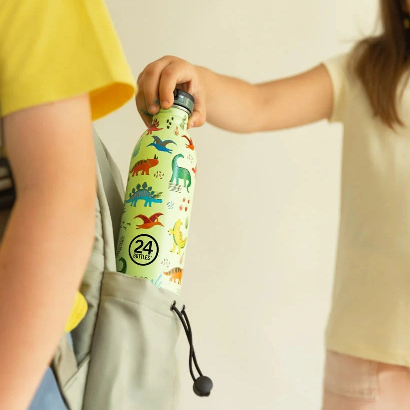 Butelka na wodę dla dzieci 24Bottles Jurassic Friends – bezpieczna, lekka i szczelna butelka wielorazowa z matowym wykończeniem, wzór: dinozaury