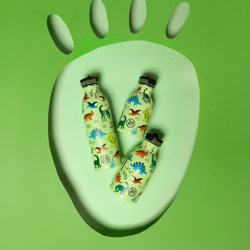 Butelka na wodę dla dzieci 24Bottles Jurassic Friends – bezpieczna, lekka i szczelna butelka wielorazowa z matowym wykończeniem, wzór: dinozaury