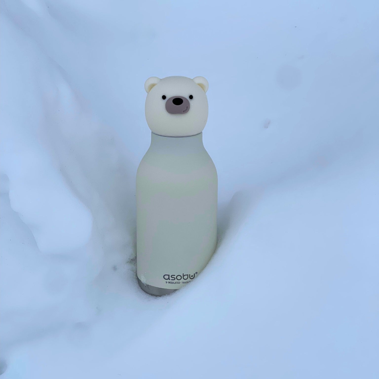 Asobu Bestie Bottle – biała butelka termiczna 460 ml dla dzieci, uroczy wzór niedźwiedzia, słomka, stal nierdzewna, izolacja termiczna.