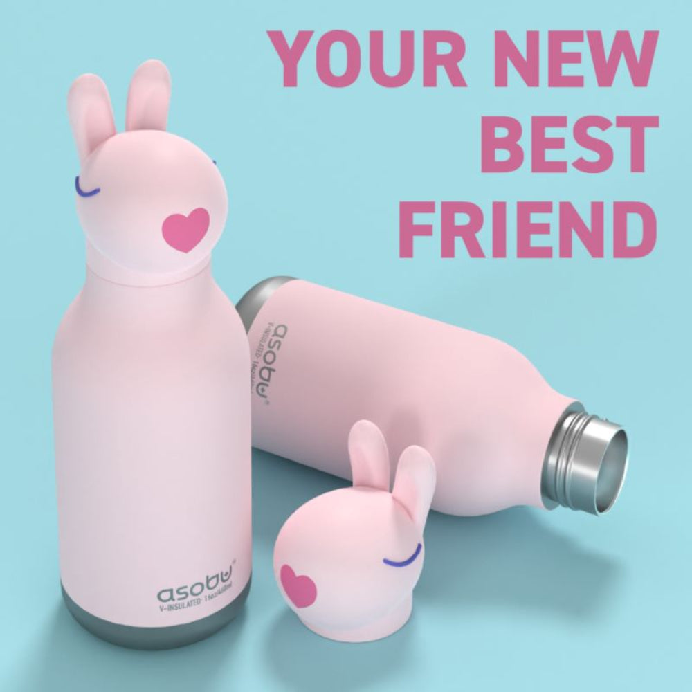 Asobu Bestie Bottle – różowa butelka termiczna 460 ml dla dzieci, uroczy wzór króliczka, słomka, stal nierdzewna, izolacja termiczna.