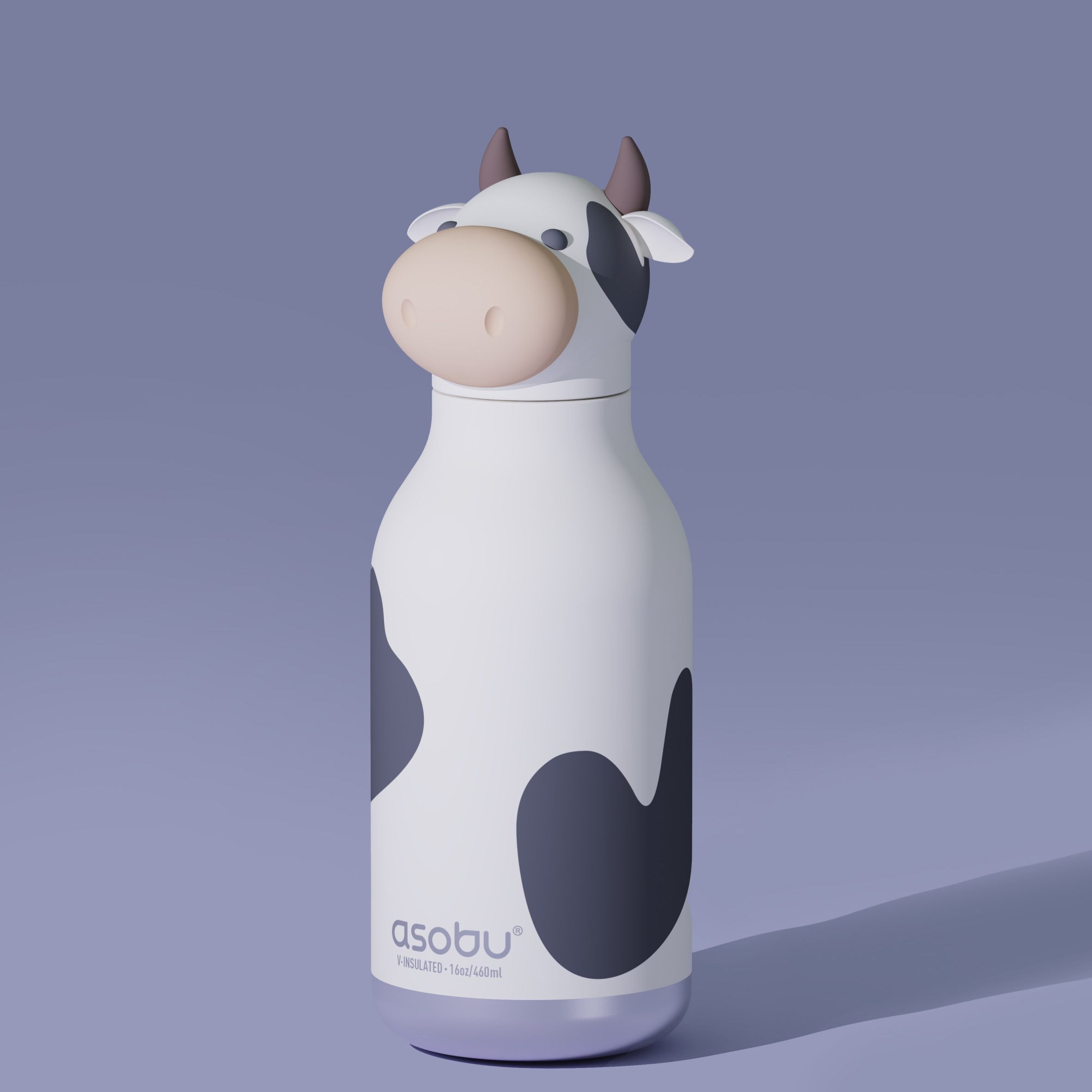 Asobu Bestie Bottle Cow – biało-czarna butelka termiczna 460 ml dla dzieci, uroczy wzór krowy, słomka, stal nierdzewna, izolacja termiczna.