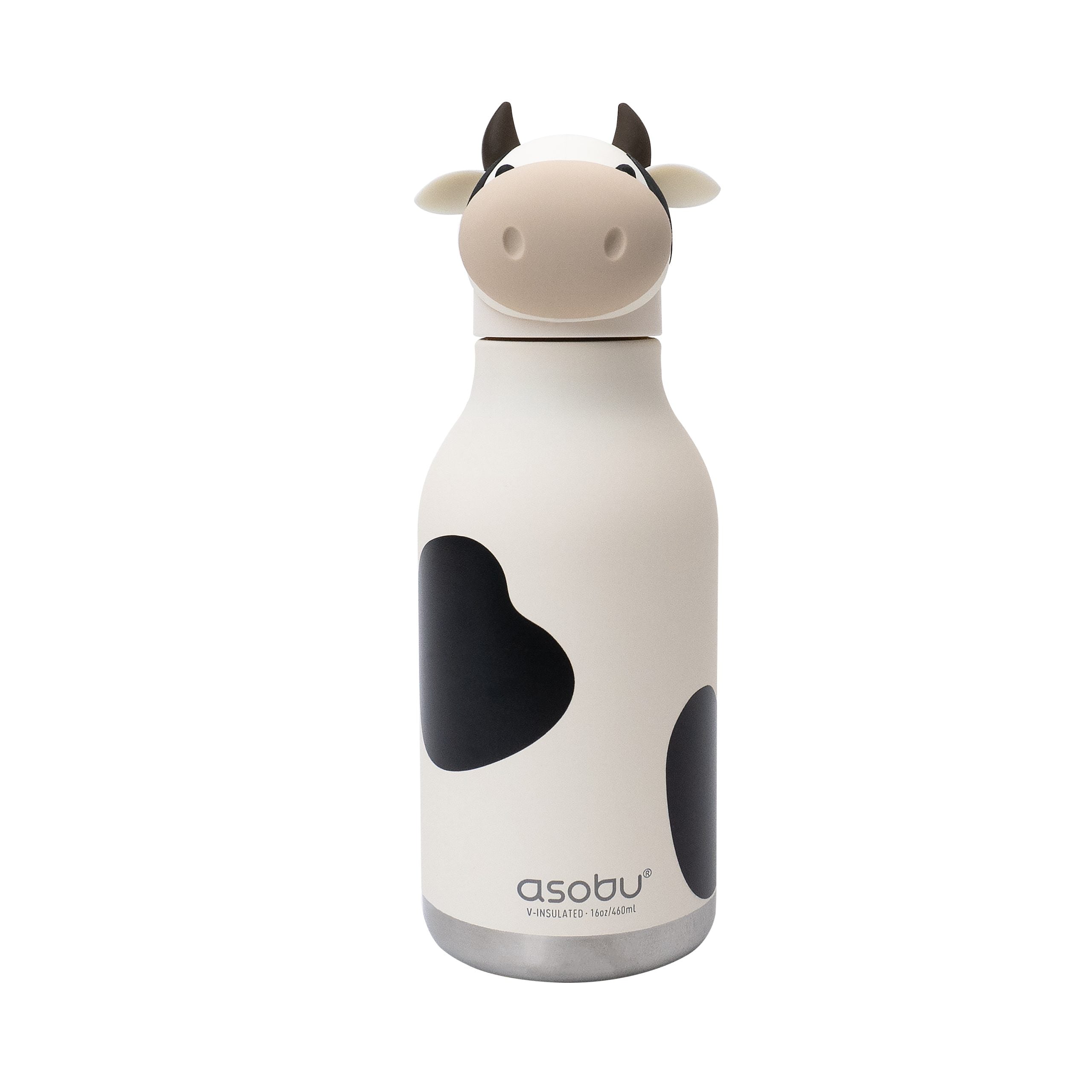 Asobu Bestie Bottle Cow – biało-czarna butelka termiczna 460 ml dla dzieci, uroczy wzór krowy, słomka, stal nierdzewna, izolacja termiczna.