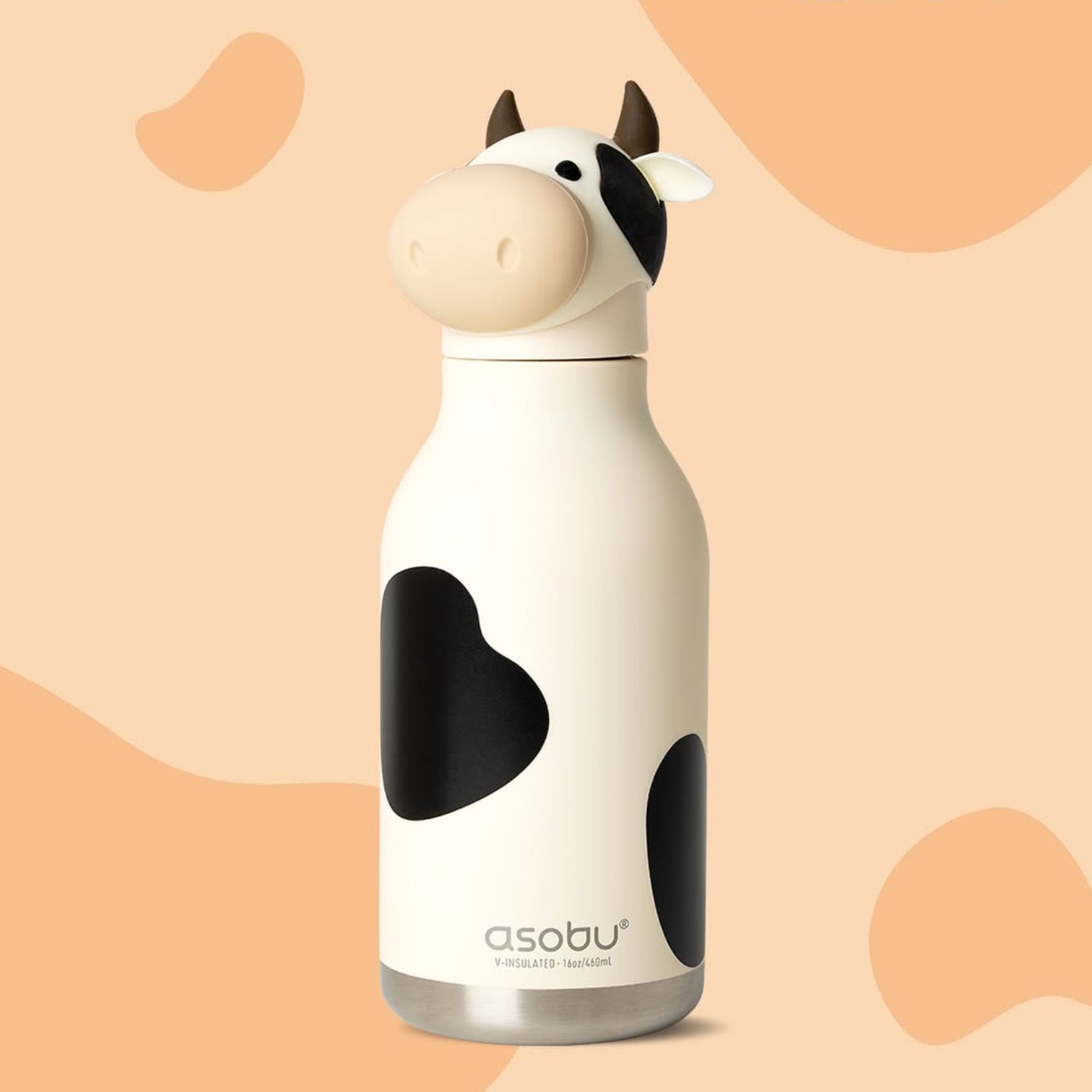 Asobu Bestie Bottle Cow – biało-czarna butelka termiczna 460 ml dla dzieci, uroczy wzór krowy, słomka, stal nierdzewna, izolacja termiczna.