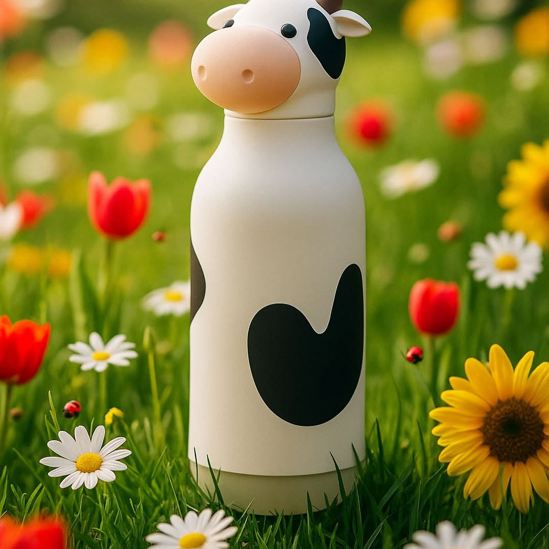 Asobu Bestie Bottle Cow – biało-czarna butelka termiczna 460 ml dla dzieci, uroczy wzór krowy, słomka, stal nierdzewna, izolacja termiczna.