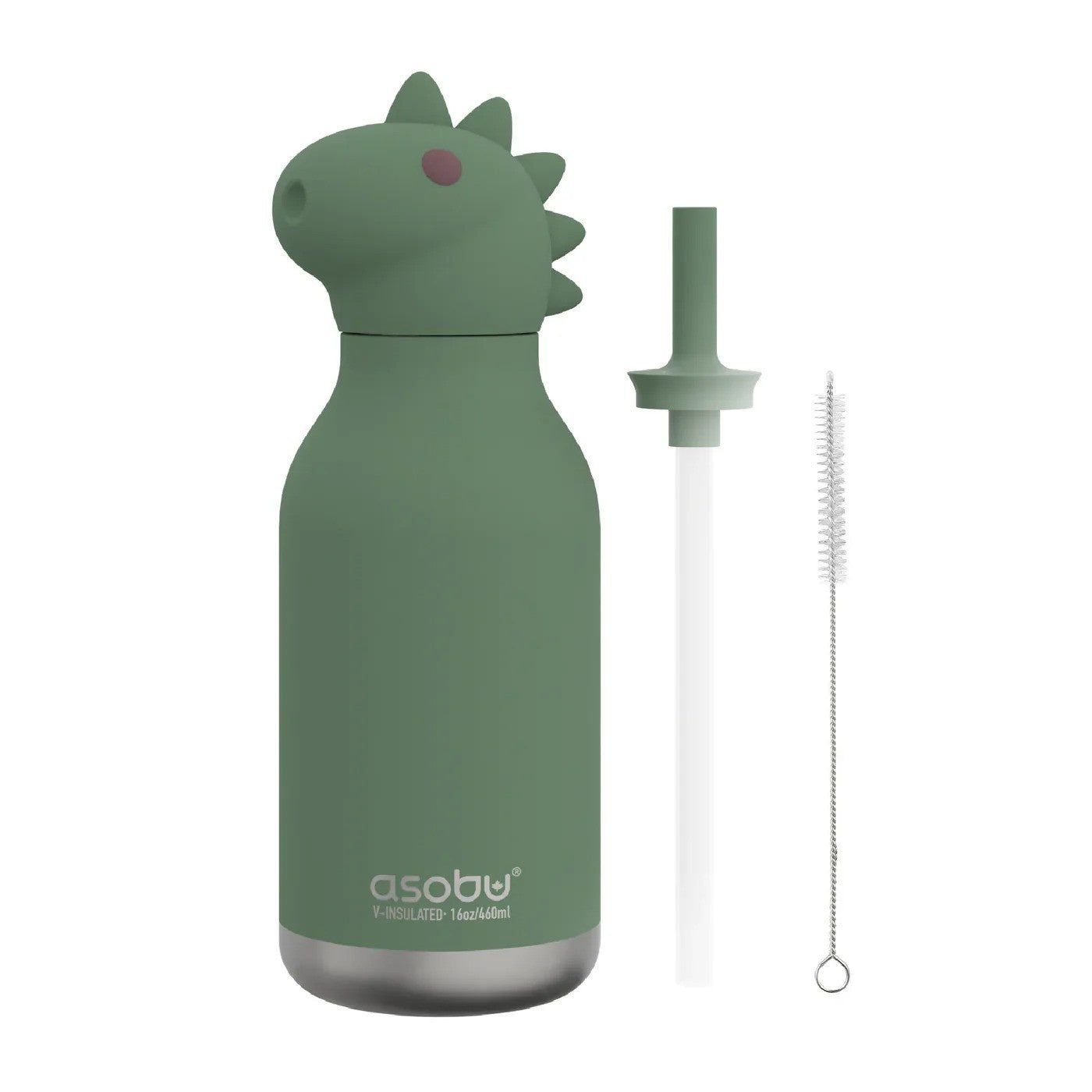 Asobu Bestie Bottle – zielona butelka termiczna 460 ml dla dzieci, uroczy wzór dinozaura, słomka, stal nierdzewna, izolacja termiczna.