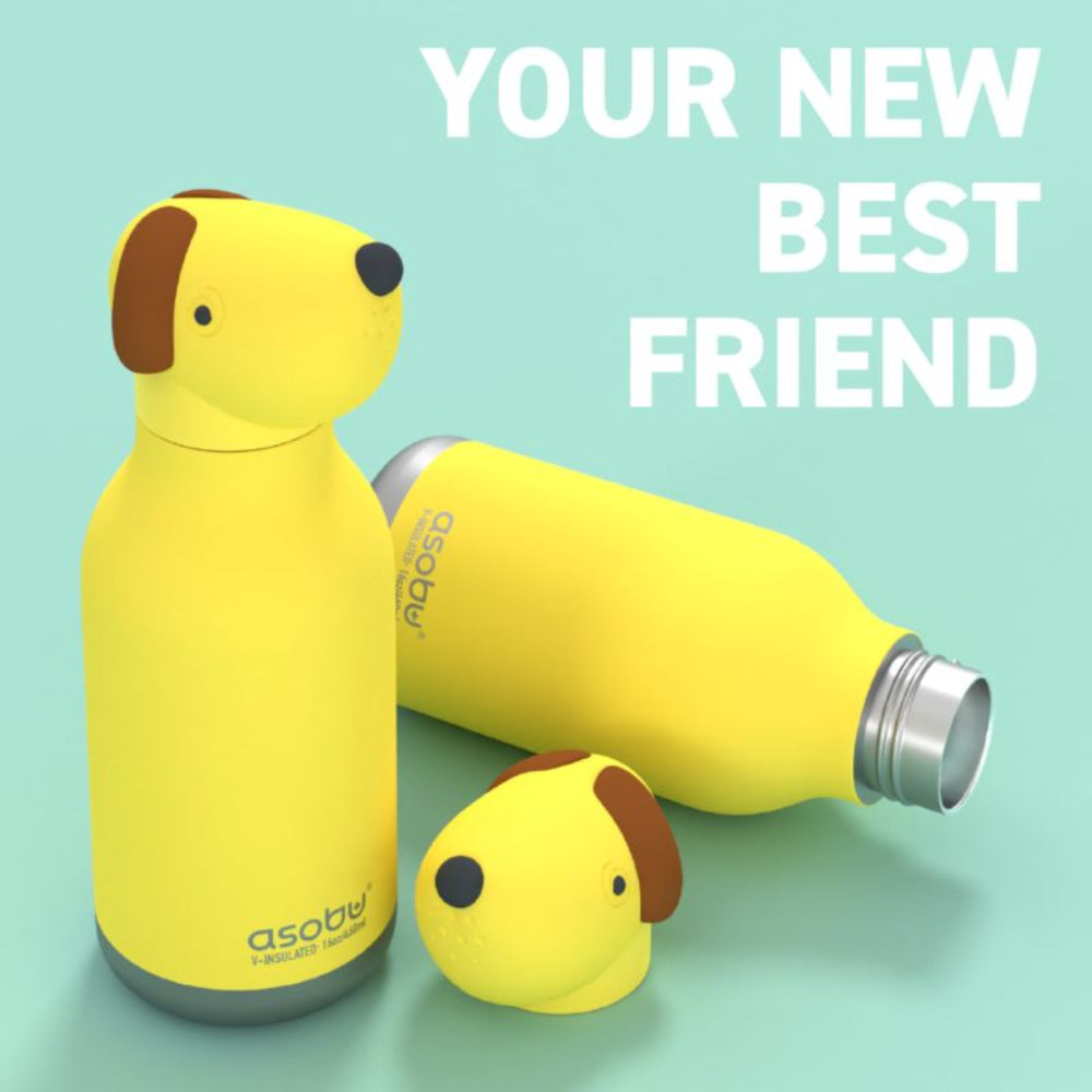 Asobu Bestie Bottle – żółta butelka termiczna 460 ml dla dzieci, uroczy wzór pieska, słomka, stal nierdzewna, izolacja termiczna.