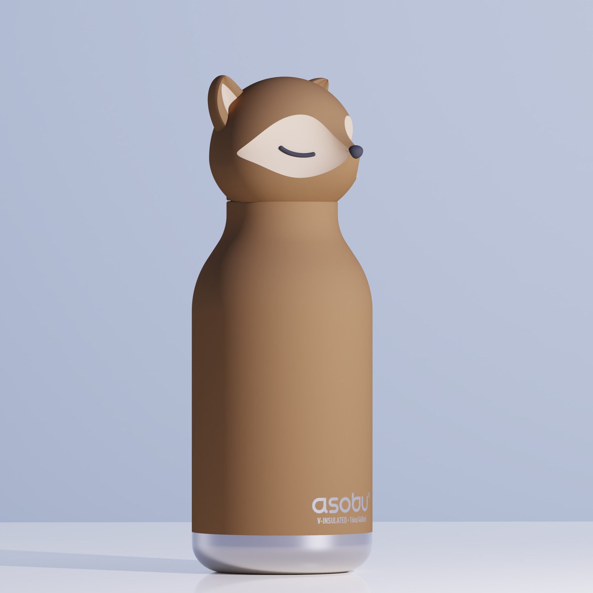 Asobu Bestie Bottle Fox– brązowa butelka termiczna 460 ml dla dzieci, uroczy wzór lisa, słomka, stal nierdzewna, izolacja termiczna.