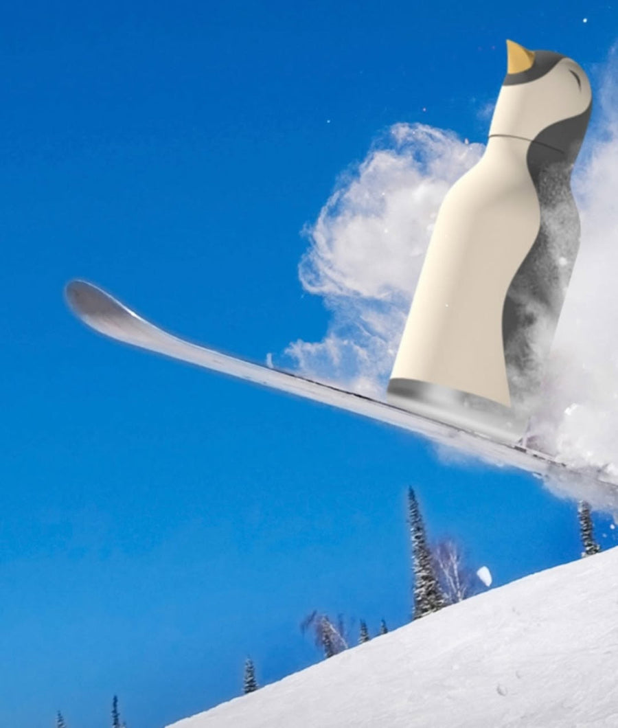 Asobu Bestie Bottle – czarno-biała butelka termiczna 460 ml dla dzieci, uroczy wzór pingwina, słomka, stal nierdzewna, izolacja termiczna.