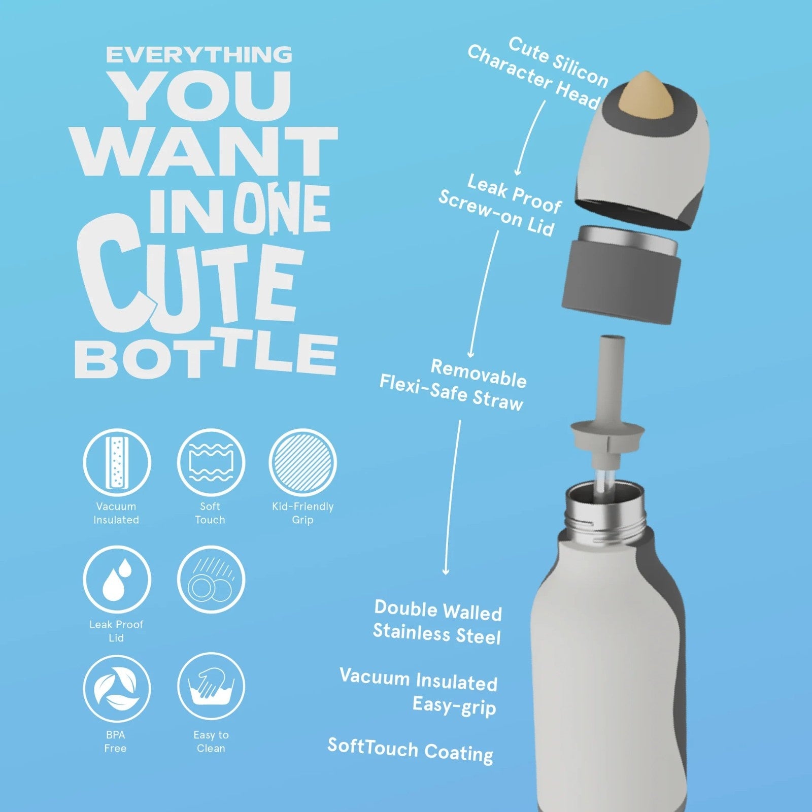 Asobu Bestie Bottle – czarno-biała butelka termiczna 460 ml dla dzieci, uroczy wzór pingwina, słomka, stal nierdzewna, izolacja termiczna.