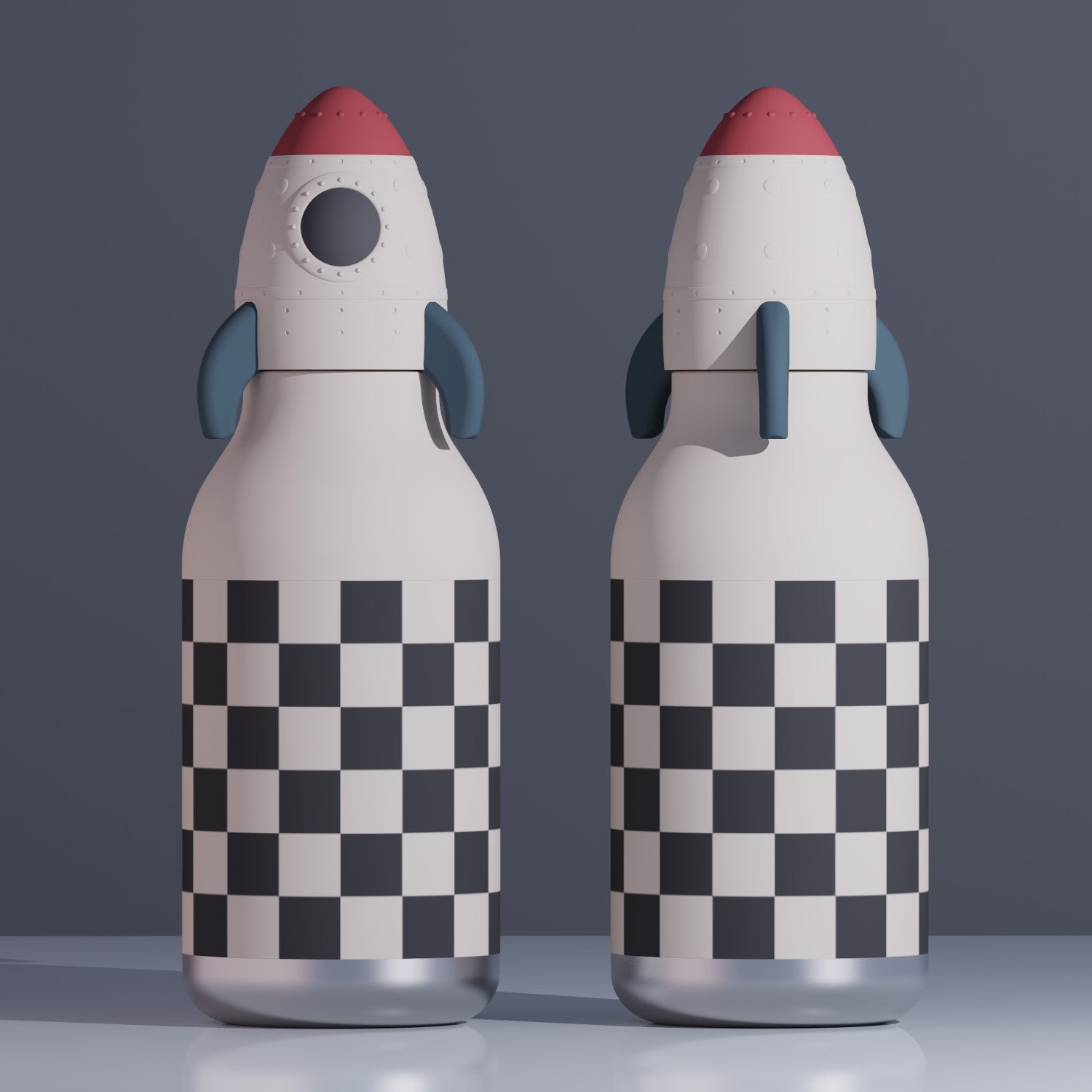 Asobu Bestie Bottle – czarno-biała butelka termiczna 460 ml dla dzieci, uroczy wzór rakiety, słomka, stal nierdzewna, izolacja termiczna.