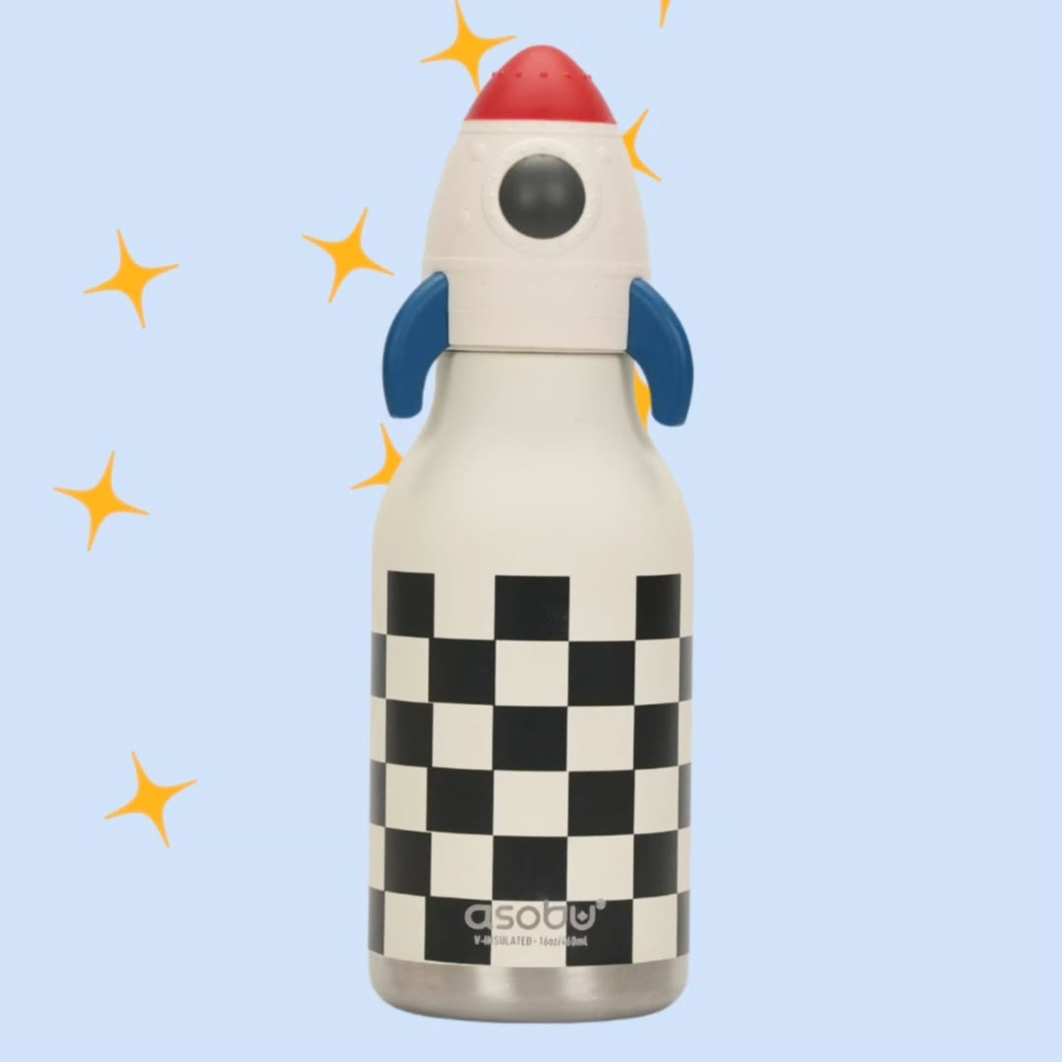 Asobu Bestie Bottle – czarno-biała butelka termiczna 460 ml dla dzieci, uroczy wzór rakiety, słomka, stal nierdzewna, izolacja termiczna.