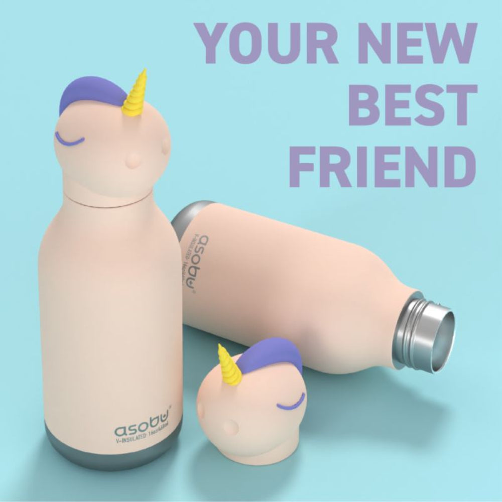 Asobu Bestie Bottle – różowa butelka termiczna 460 ml dla dzieci, uroczy wzór jednorożca, słomka, stal nierdzewna, izolacja termiczna.