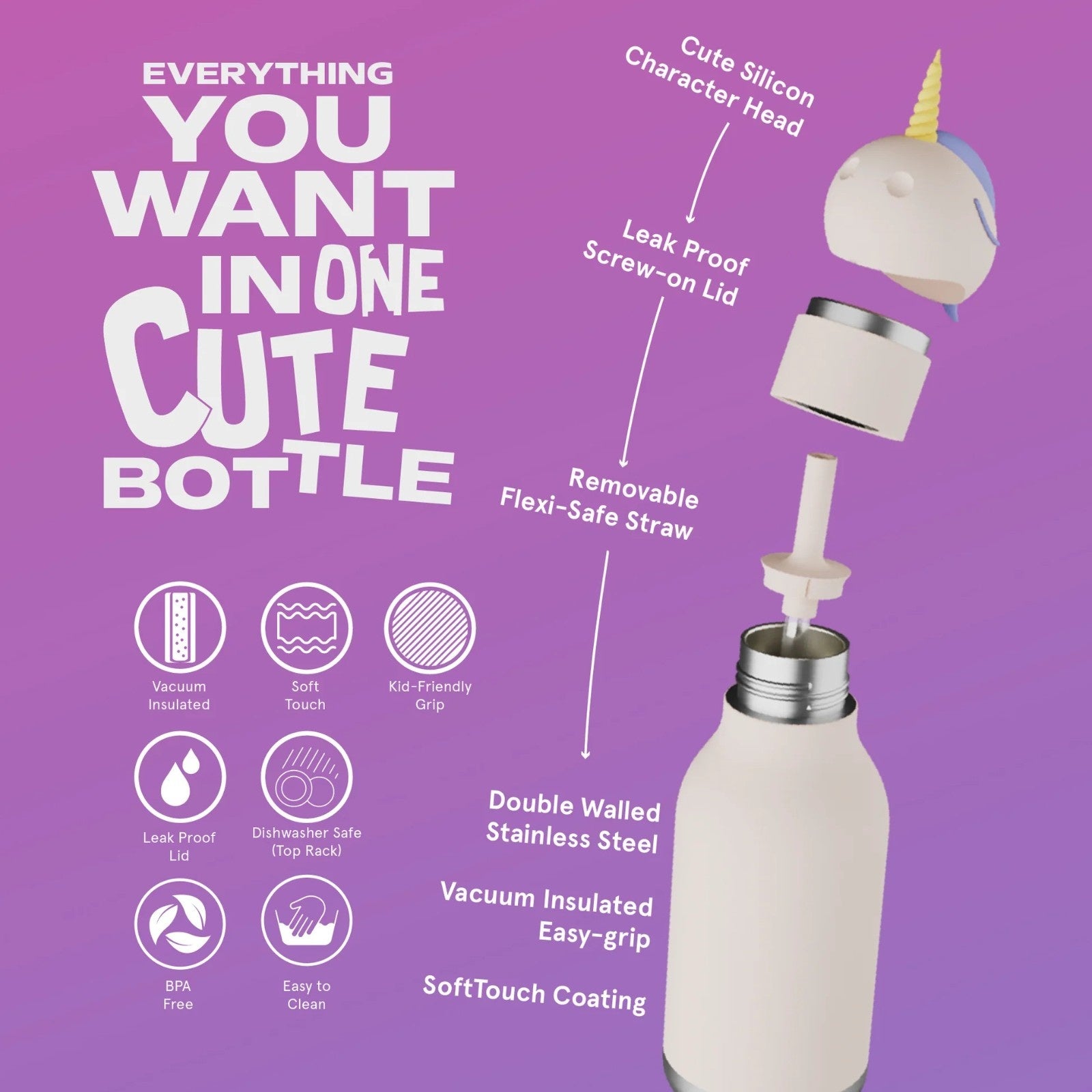 Asobu Bestie Bottle – różowa butelka termiczna 460 ml dla dzieci, uroczy wzór jednorożca, słomka, stal nierdzewna, izolacja termiczna.