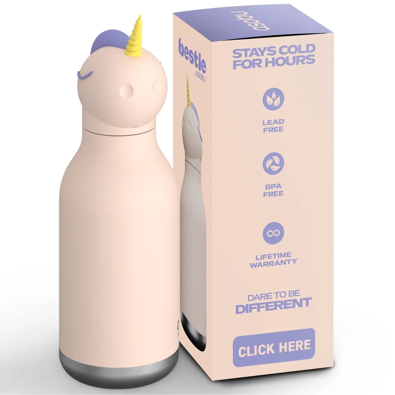 Asobu Bestie Bottle – różowa butelka termiczna 460 ml dla dzieci, uroczy wzór jednorożca, słomka, stal nierdzewna, izolacja termiczna.