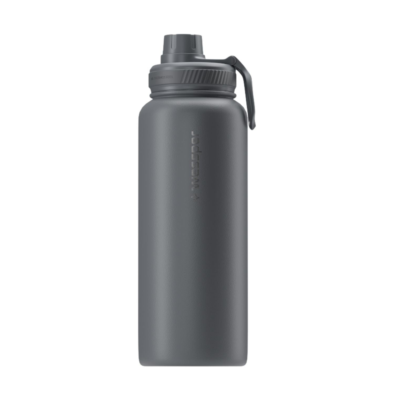Wessper Thermosteel 1 l szara – stalowa butelka termiczna, utrzymuje ciepło 12 h, zimno 24 h, 3 zakrętki, szczelna.