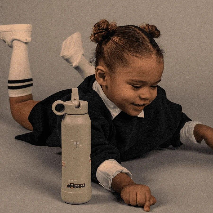 Citron beżowa butelka Vehicles 500 ml dziecięca, termiczna, stal nierdzewna, szczelna, z elastyczną słomką, wzór: pojazdy